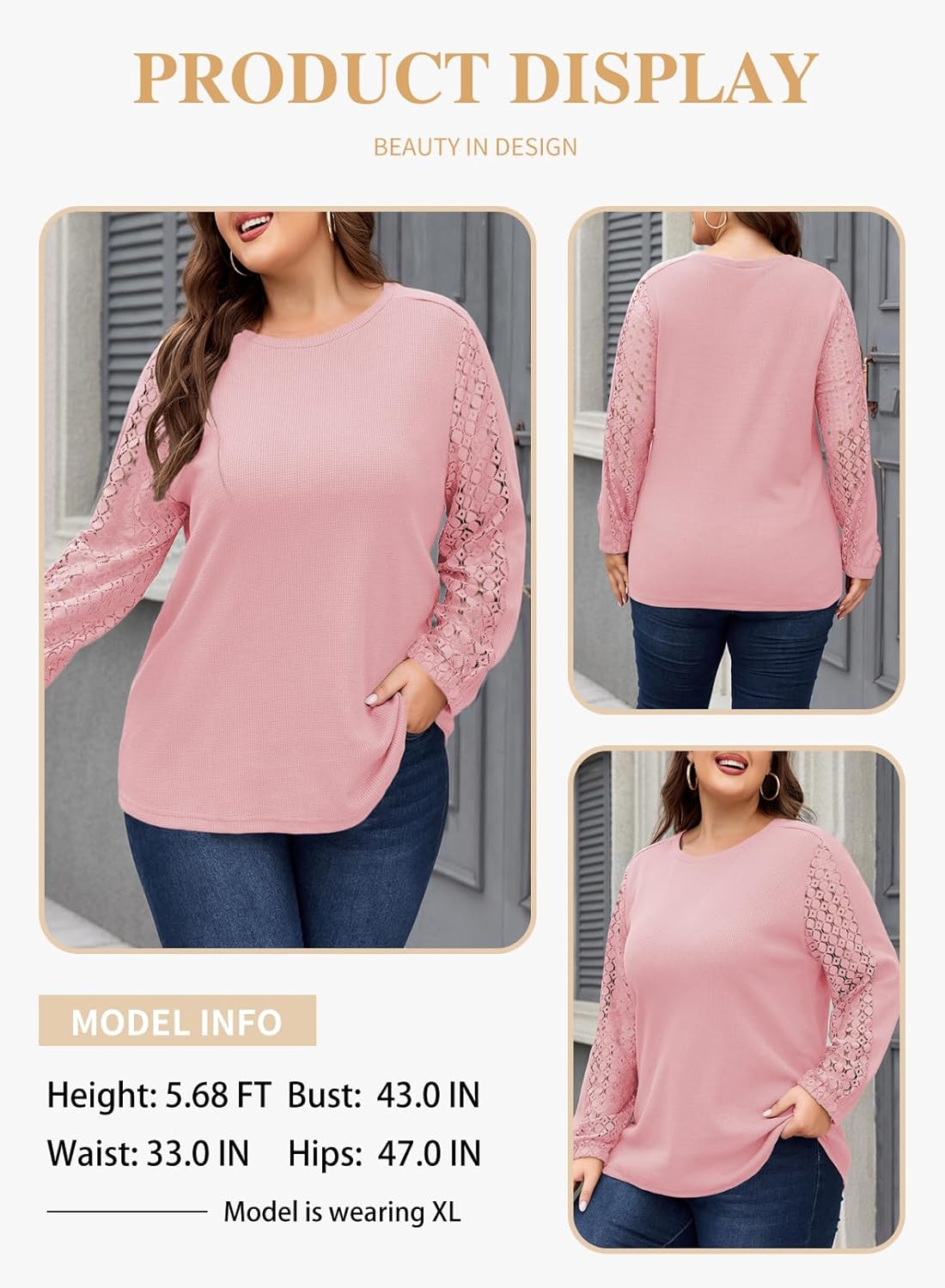 Eytino Womens Plus Size Tops Lace Long Sleeve Waffle T Shirts Casual Crewneck Tunic Tops(1X-5X) - Image 3