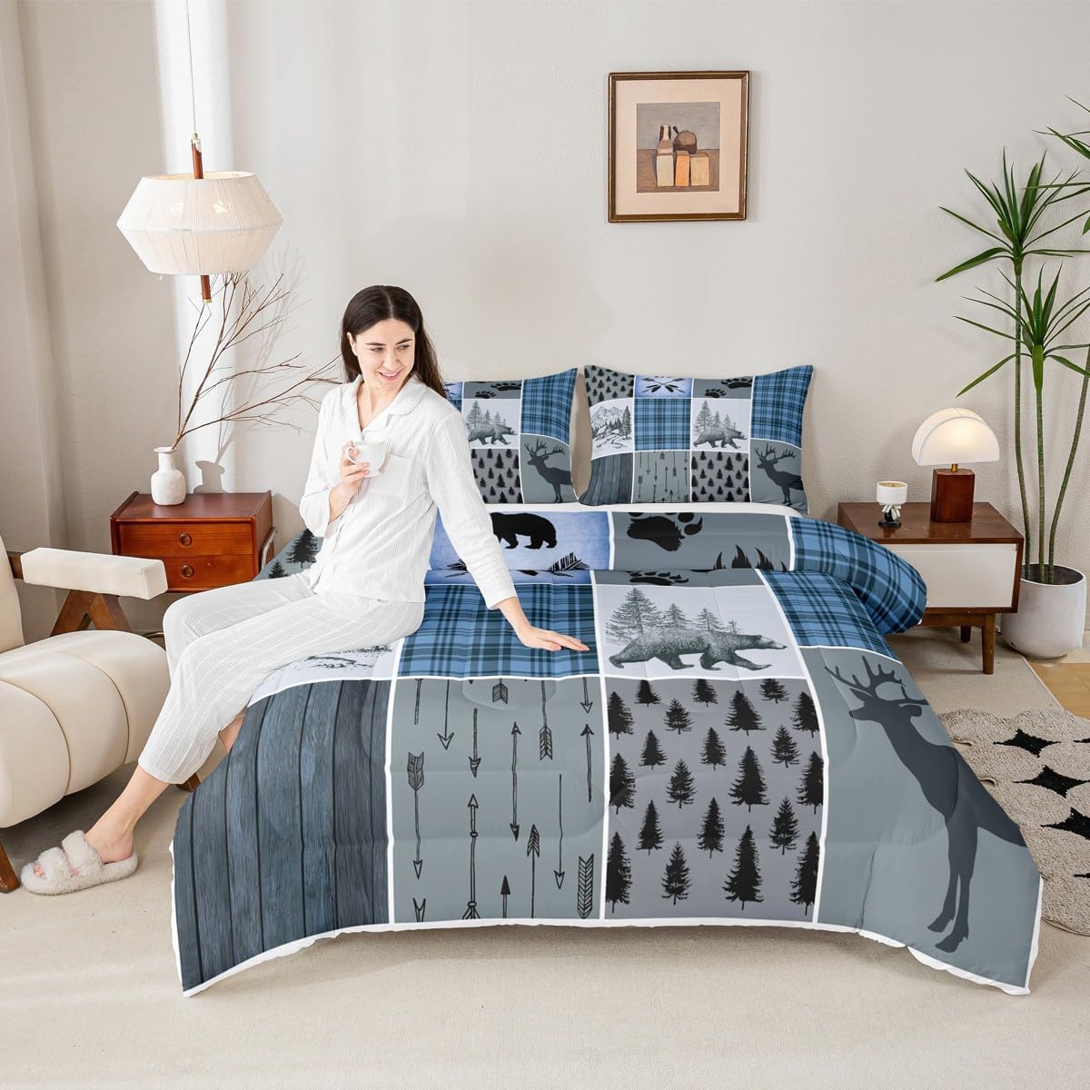 Rustic Farmhouse Comforter Set Queen, Retro Cabin Lodge Bedding Set Christmas Country Bear Deer Duvet Sets For Kids Teens Adult Men, Hunting Wild Animal Plaid Quilt 3Pcs With 2 Pillow Cases,Blue