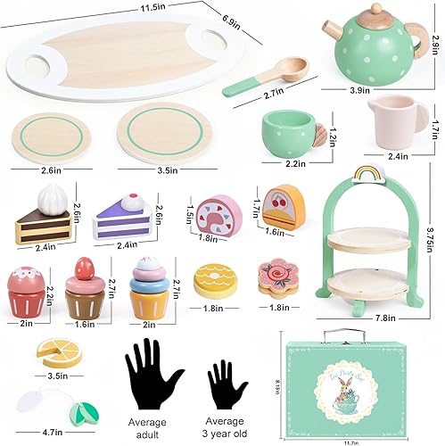 Miniatura 3 de Juego de fiesta de té de madera para niñas pequeñas, juguetes de cocina, juego de té de madera, bandeja para tartas y postres, cumpleaños para niñas
