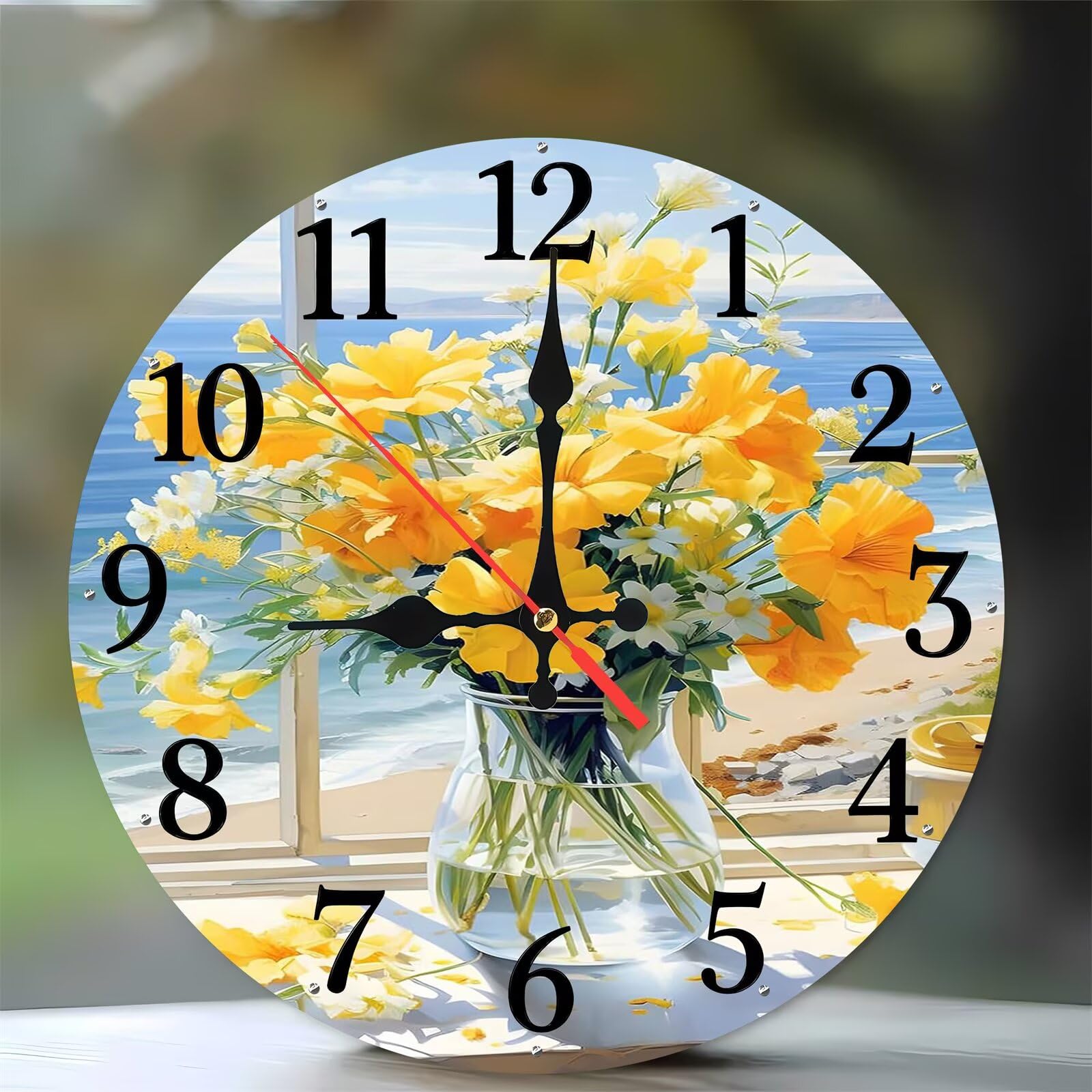 Horloge de cuisine silencieuse au motif bouquet jaune pour salon