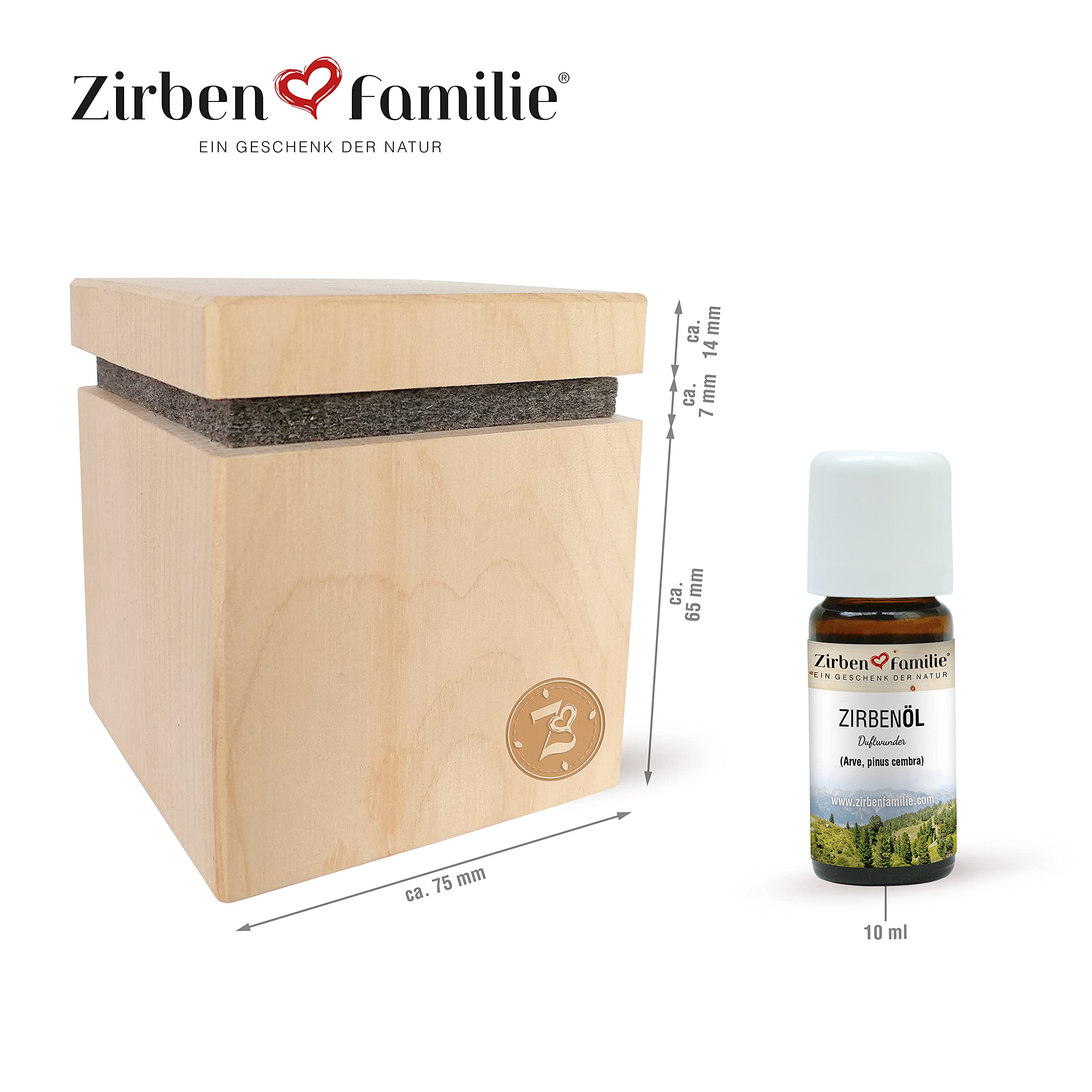 Zirben Familie® Original ZirbenWürfel PREMIUM Edition | Natürlicher Aroma Diffuser aus Zirbe | Duftwürfel mit ZirbenÖl 10ml | Flasche von unten einschraubbar | einzigartiger Zirbenduft