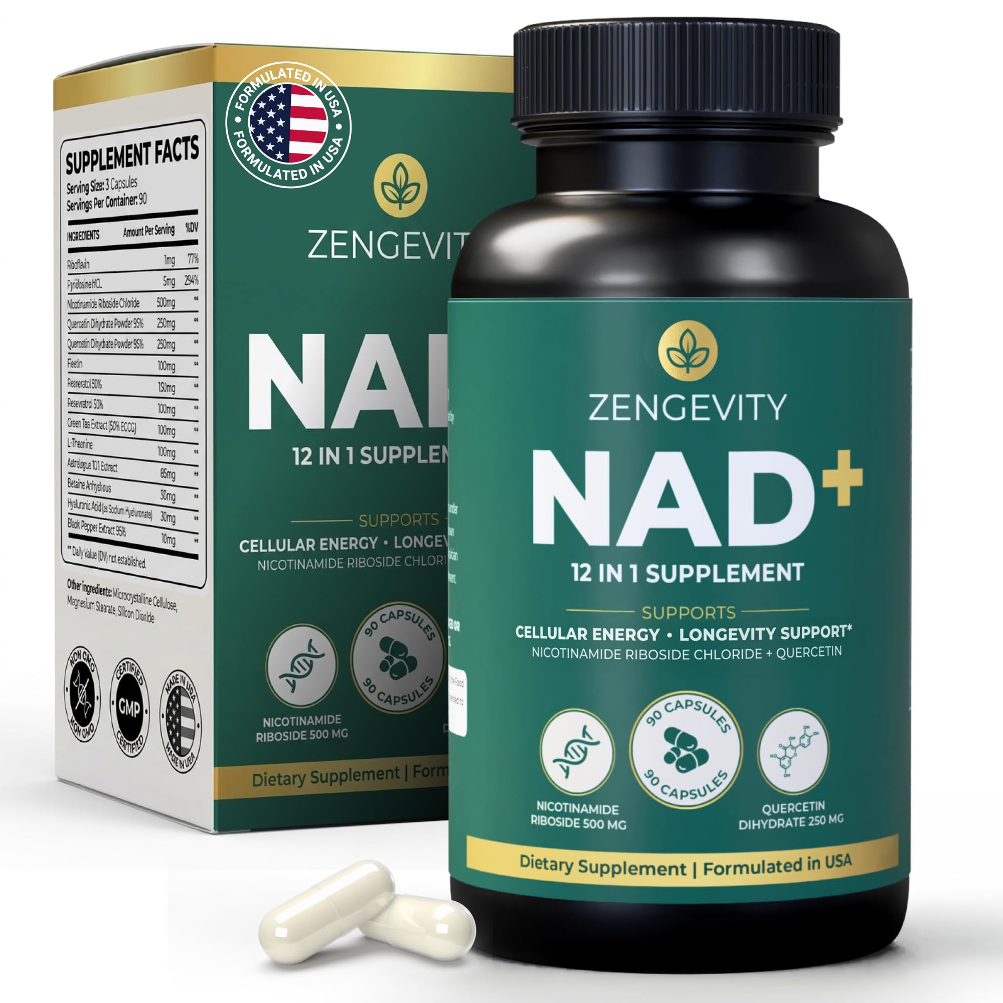 NAD+ Supplement for Women and Men, 12 in 1 NAD Plus Longevity Complex with Nicotinamide Riboside, Resveratrol, Quercetin, Fisetin and L-Theanine, Cellular Energy Support, 90 Capsules