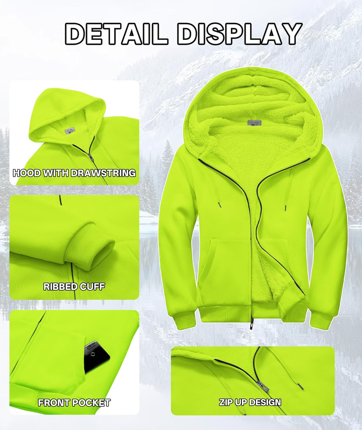 V VALANCH Men Hoodies Zip Up Sherpa Lined Sweatshirts Heavyweight Thick Warm Fleece Winter Jacket