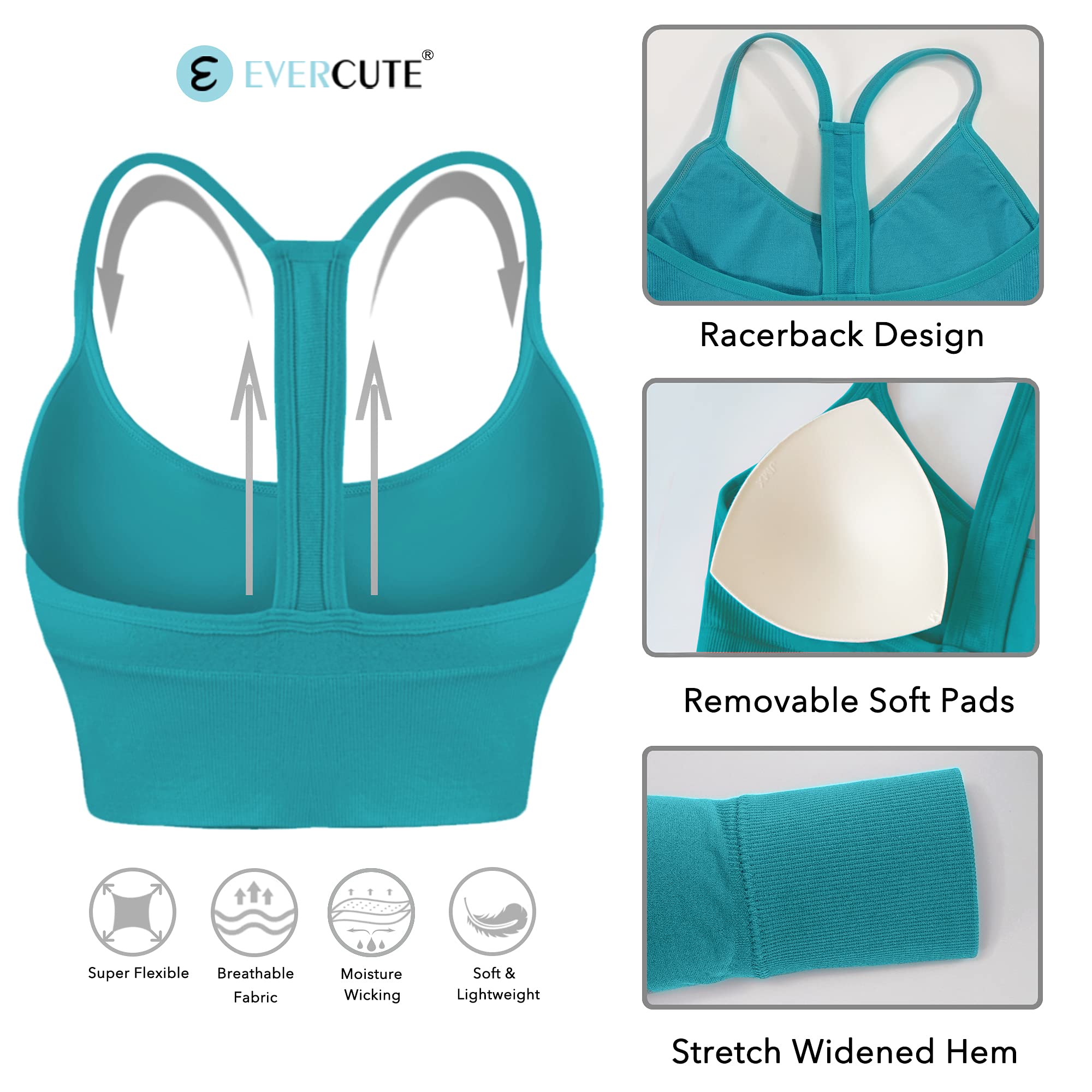 Evercute Damski biustonosz sportowy Sin Costuras, nieprzezroczysty, Czarny szary niebieski gorący różowy paw niebieski 5-pak, XL