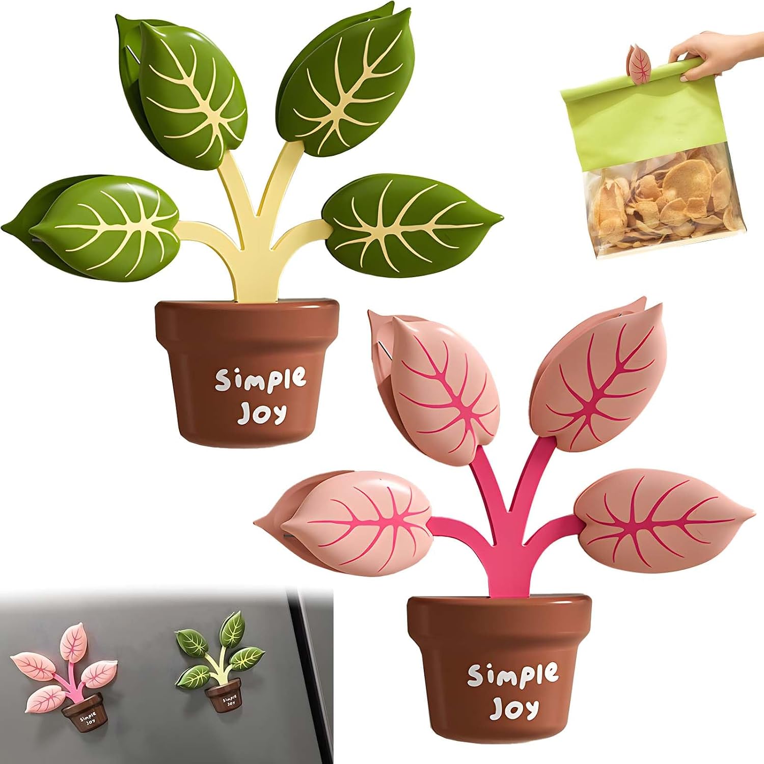 Potted Plants Refrigerator Magnetic Clips - 2 Sets Mixed Pack, Snack Bag Sealing, Kitchen Magnetic Accessories for Refrigerator Door, Locker, Metal Plates,Classroom, Kitchen Whiteboard, Office