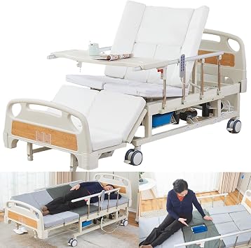 10 Function Full Electric Hospital Bed for Home Use, Medical Bed with Lateral Tilting, Includes Mattress, Tray, IV Pole, 5" Individual Locking Casters, 550 lbs Capacity