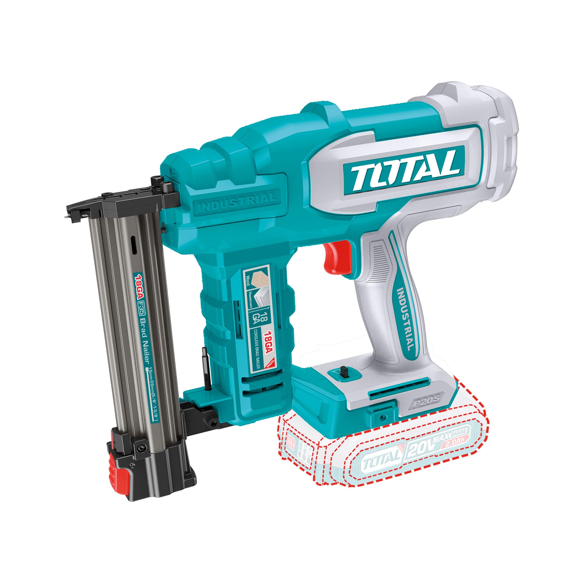 TOTAL - Clavadora a Batería 20V Profesional; 2 Clavos; Compatible F15-F35; Cargador 105 Clavos; Modelo TCBNLI2005; Herramienta Eléctrica sin Batería ni Cargador