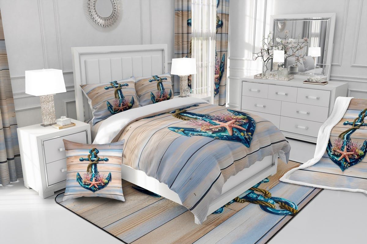 Erosebridal Vintage Wooden Barn Plank Comforter Set for Men Women,Romantic Anchor Rope Bedding Set,Tropical Coral Starfish Bedding Comforter Sets,Nautical Ocean Duvet Insert with 2 Pillowcases,Queen