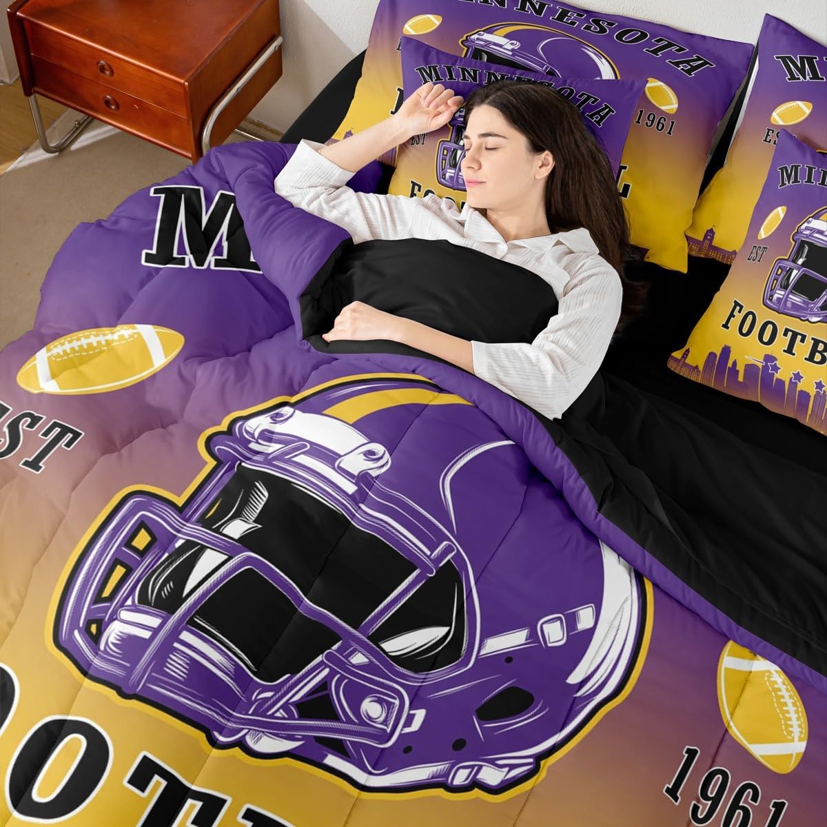 Erosebridal Football Comforter Set with Sheets American Soccer City 7 Piece Bedding Set Sports Rugby Competitive Games Bed in A Bag Twin Size for Kids Boys Teen,Purple Yellow Bed Set - Image 5