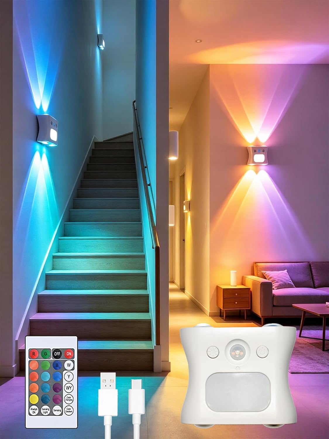 RGB Dynamic Gradient LED Wall Lamp, Motion-Sensing Step Lights with Rechargeable, 1200mAh Battery, Remote Control, Magnetic Mount for Staircase,Bedroom,Hallway, Kitchen Bar (White)