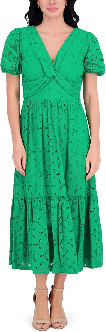 Kensie Womens Puff Sleeve V-Neck Tiered Maxi Dress