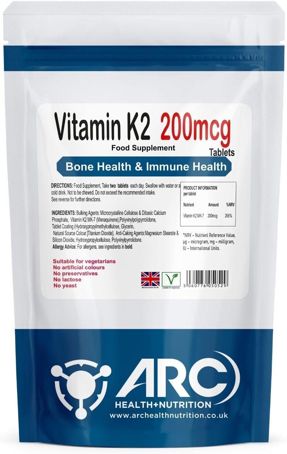Vitamin K2 MK7 Menaquinone 200mcg 180 Vegan Supplement Tablets - for Men & Women - Made in UK
