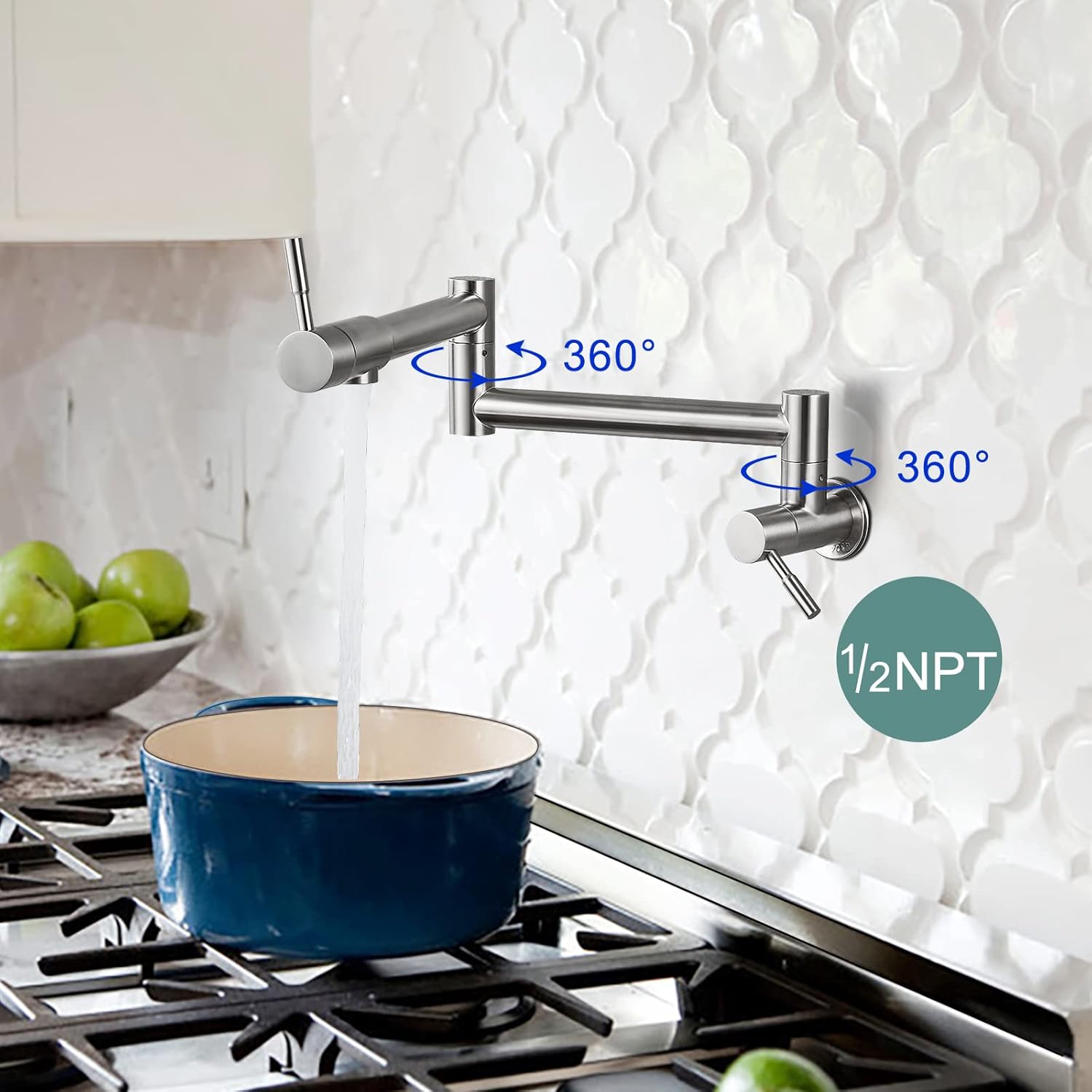 New Product Heyalan Pot Filler Brushed Nickel Wall Mounted Folding Stretchable Kitchen Restaurant Sink Faucet with Double Joint Swing Arm Single Hole Two Handles Commercial NPT Stainless Steel