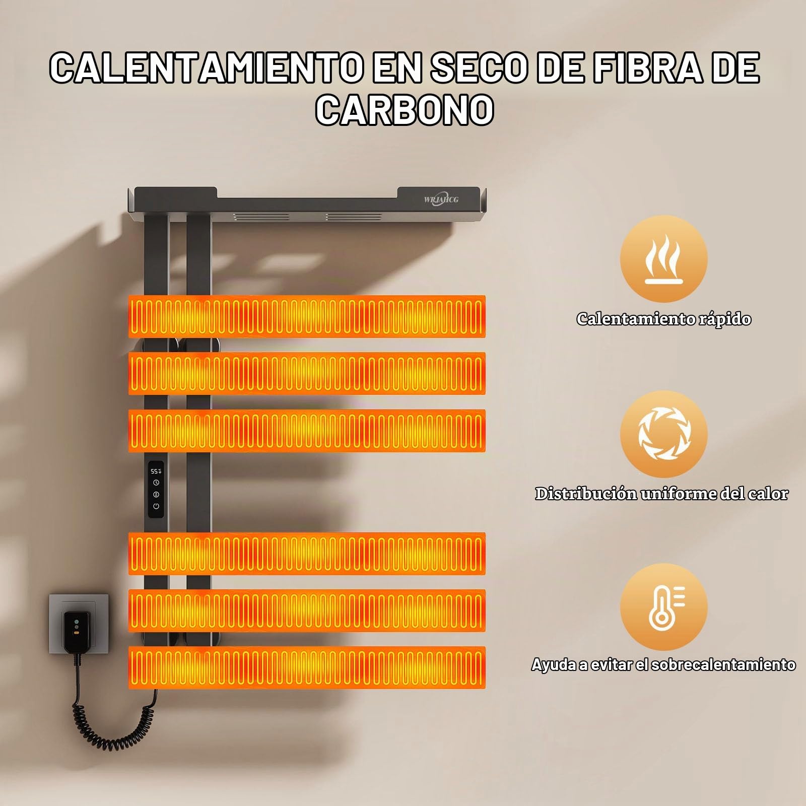 Toallero Electrico baño Inteligente WiFi,Secador Toallas Electrico De Pared,Radiador Calentador De Toallas con Pantalla Led Y Estante,Control por Voz,6 Postes Ensanchados,Gris