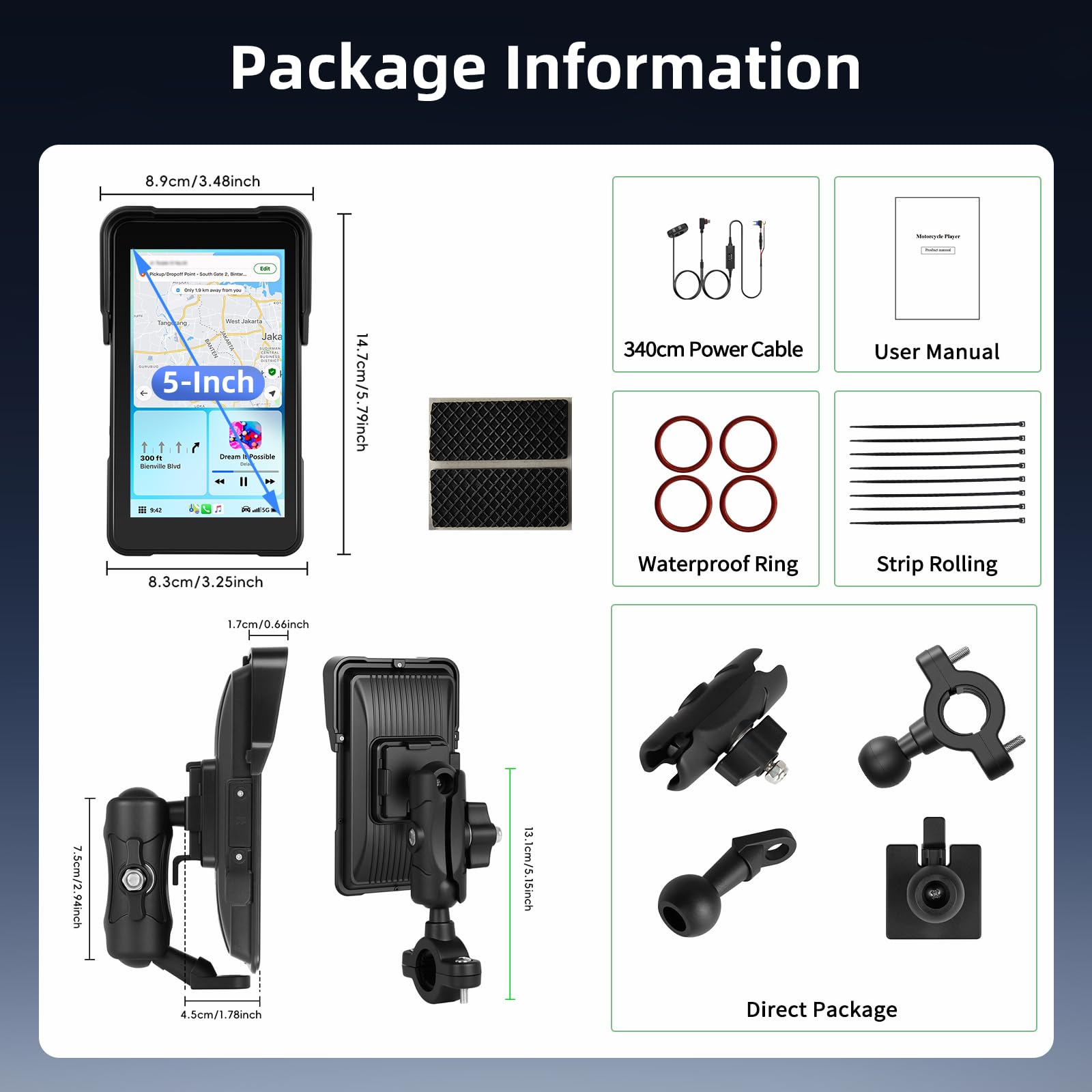 Écran Portable Carplay pour Moto, sans Fil CarPlay et Android Auto pour Moto, 5 Pouces Écran Tactile Étanche avec Bluetooth, Navigation GPS, Siri/G00gle Assistant