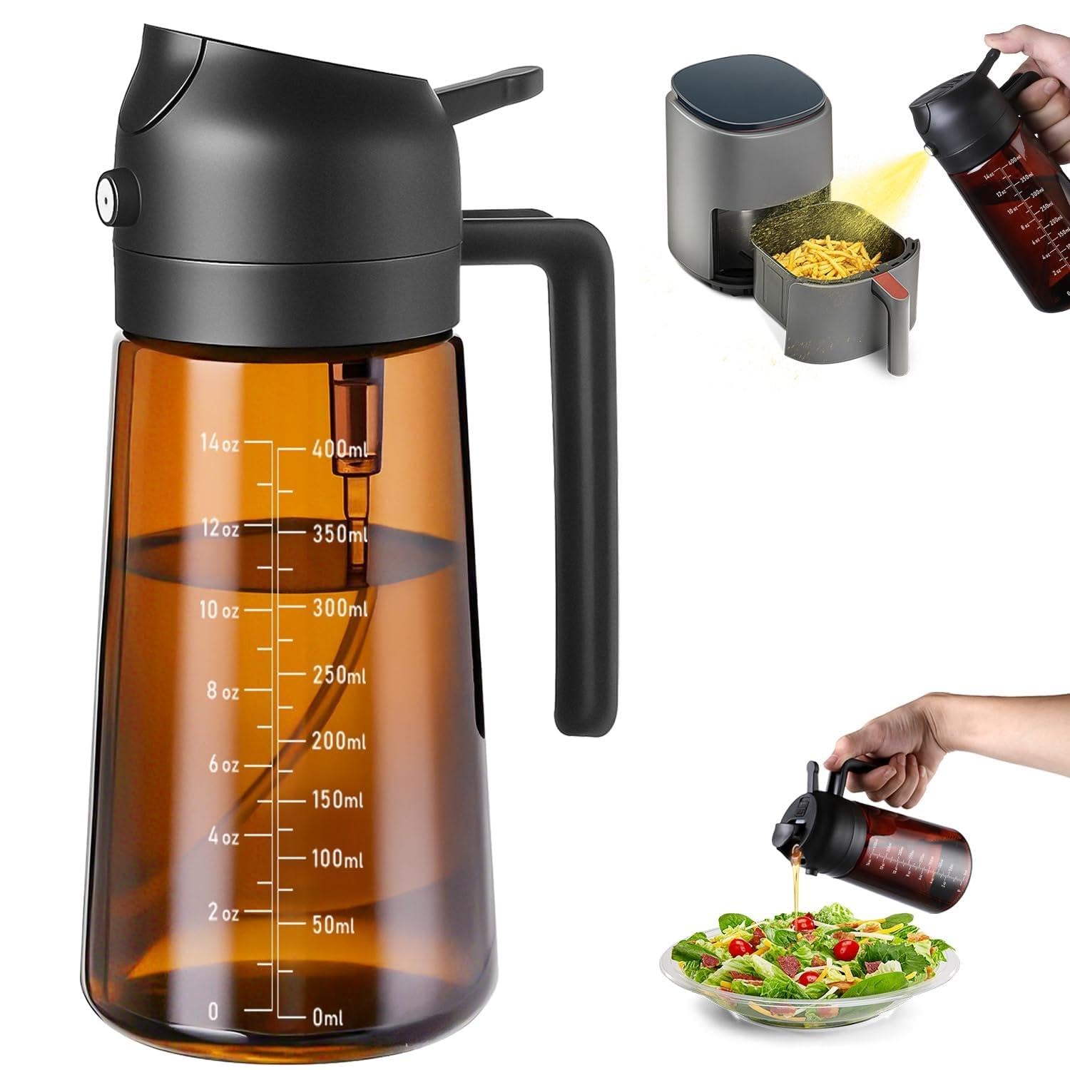 OURCABECUE Upgraded Made Oil Sprayer for Cooking, Dark Brown 2 in 1 Spray and Pour Olive Oil Dispenser 16oz 470ml Glass Oil Spray Bottle, Mist Olive Oil Dispensing (Green Bottle-Scale)
