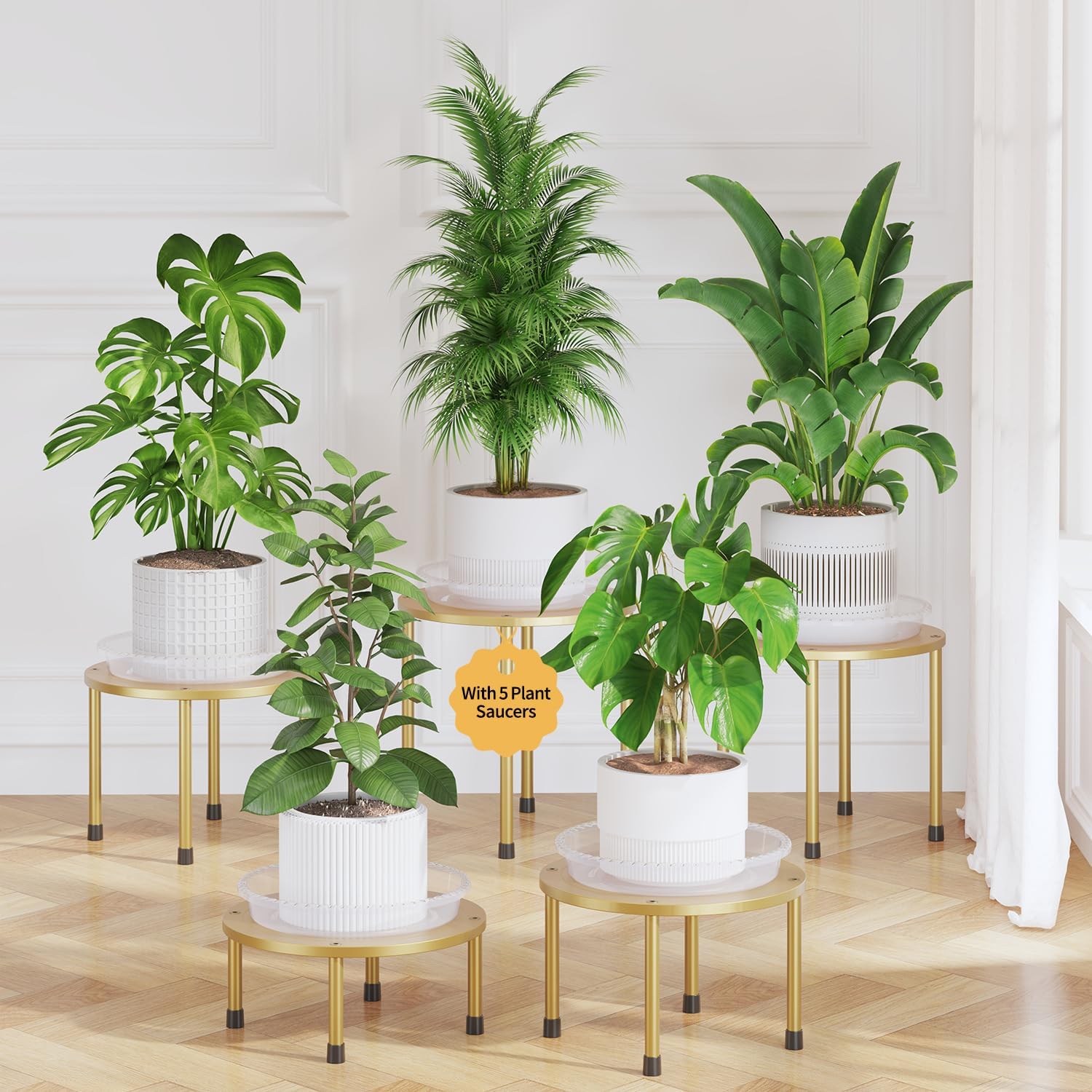 LASZOLA 5Pcs Metal Short Plant Stand Indoor Outdoor with Saucers, Small