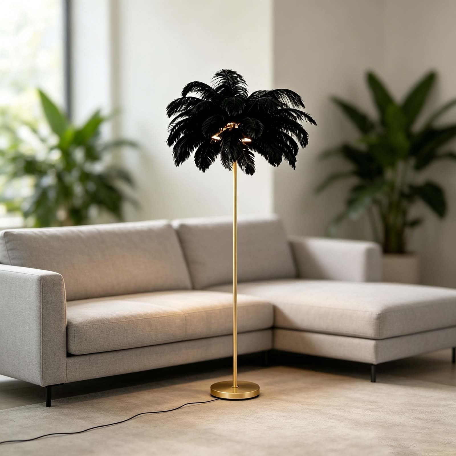 Lámpara de pie de plumas reales para crear un ambiente relajante en el dormitorio
