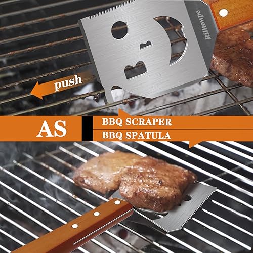Miniatura 4 de Espátula de barbacoa, espátula de barbacoa al aire libre, espátula de barbacoa de acero inoxidable con mango de madera, accesorios de barbacoa al