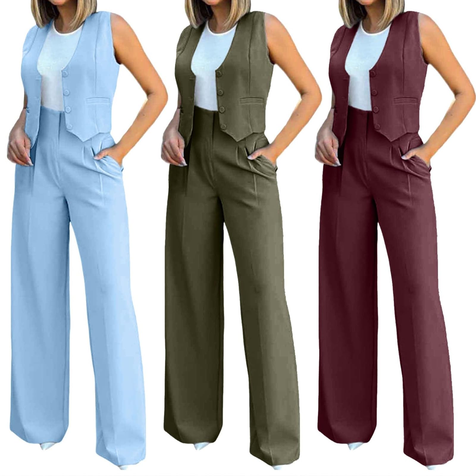 Elegant & Casual Women's Fashionable Blazer Vest & Wide-Leg Pants Set - Stylish & Comfortable for Daily Wear