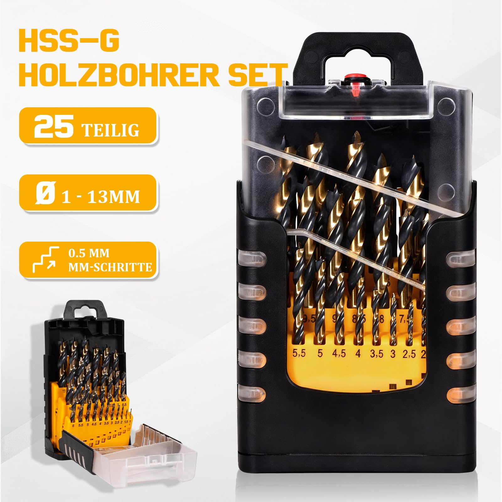 Juego de Brocas para Madera 1-13 mm [Sostenido & Preciso], Professional Set de 25 brocas helicoidales HSS-G, Juego de Brocas para Agujeros Limpios, con Punta Brad-Point