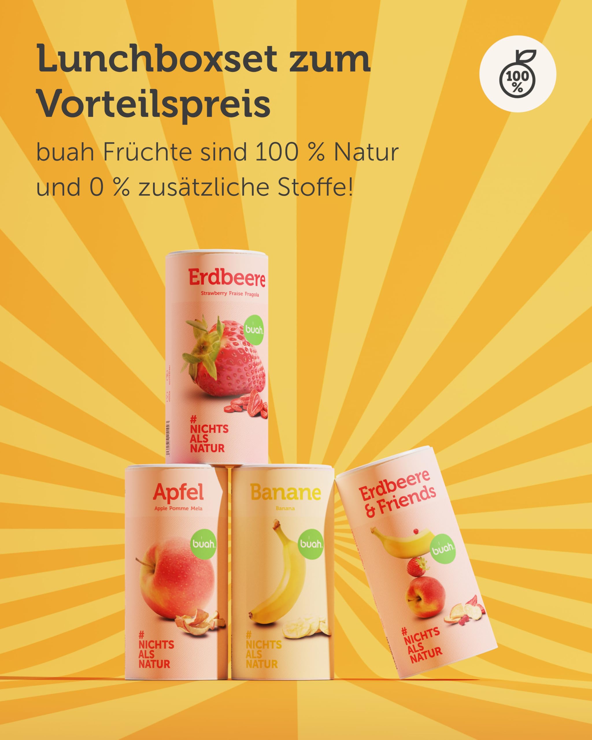 BUAH® Lunchbox Set - Gefriergetrocknete Erdbeere, Apfel, Banane, Erdbeere & Friends | Fruchtchips Als Snack Oder Für Smoothies | Idealer Süßigkeiten Ersatz | Vegan & ohne Zuckerzusatz