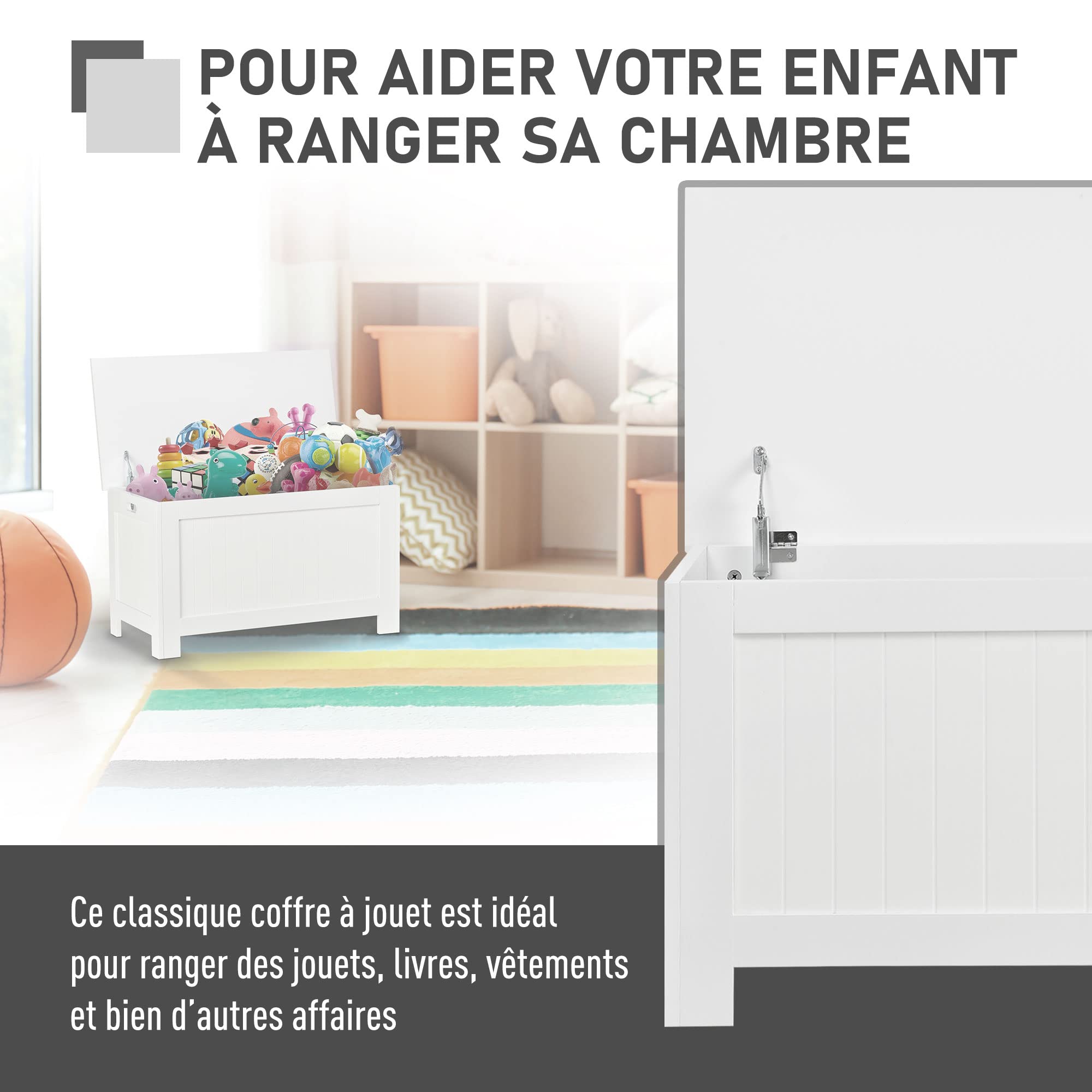 HOMCOM Coffre de Rangement Charnières de Sécurité 81L x 40l x 46H cm Blanc | Boîte de Rangement en Bois, Coffre à Jouets Intérieur, Couvercle Rabattable