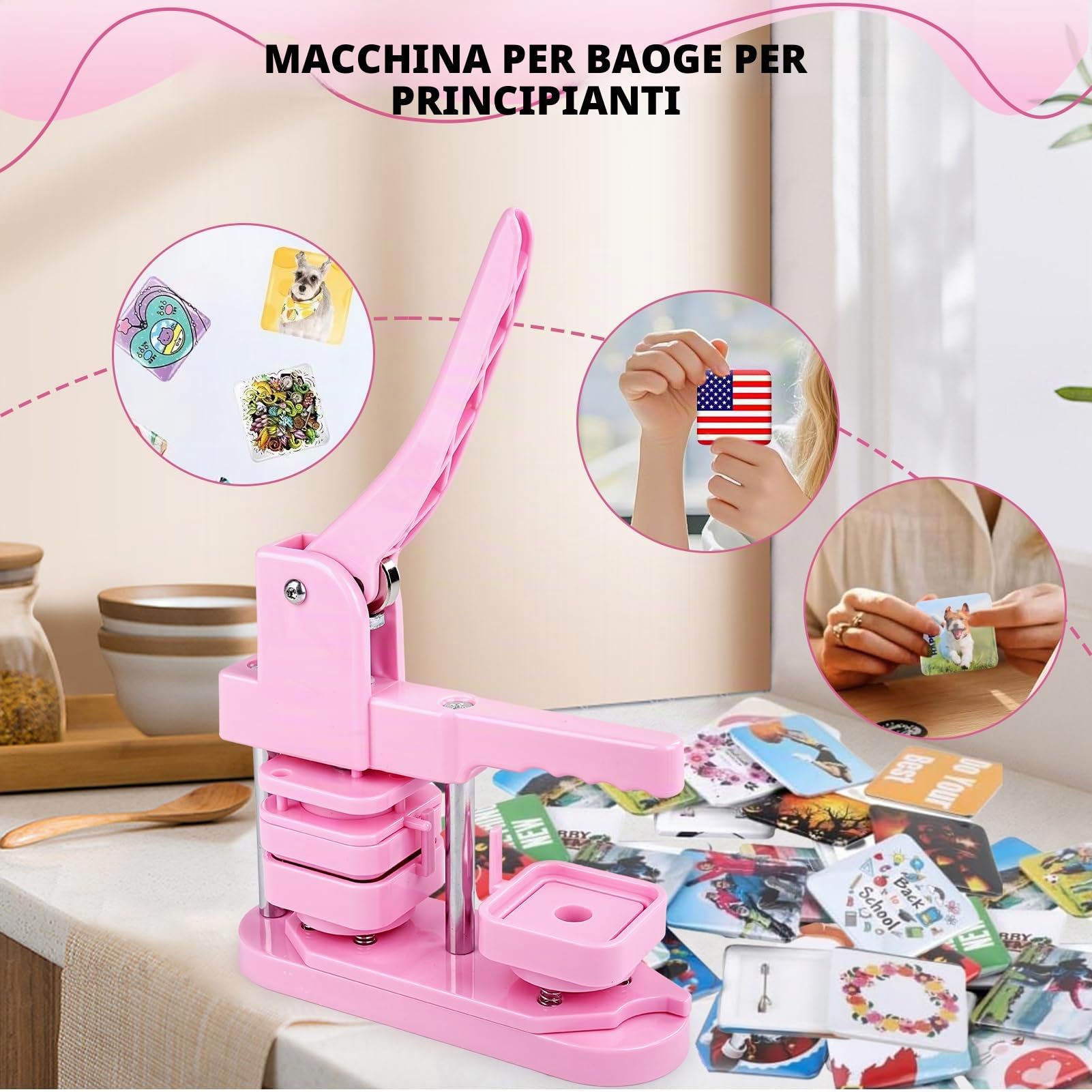 Button Maker Machine, 50 mm quadrato fai da te frigorifero Badge Maker personalizzato stampa kit con 100 pezzi di bottoni per regali Pin Maker, rosa