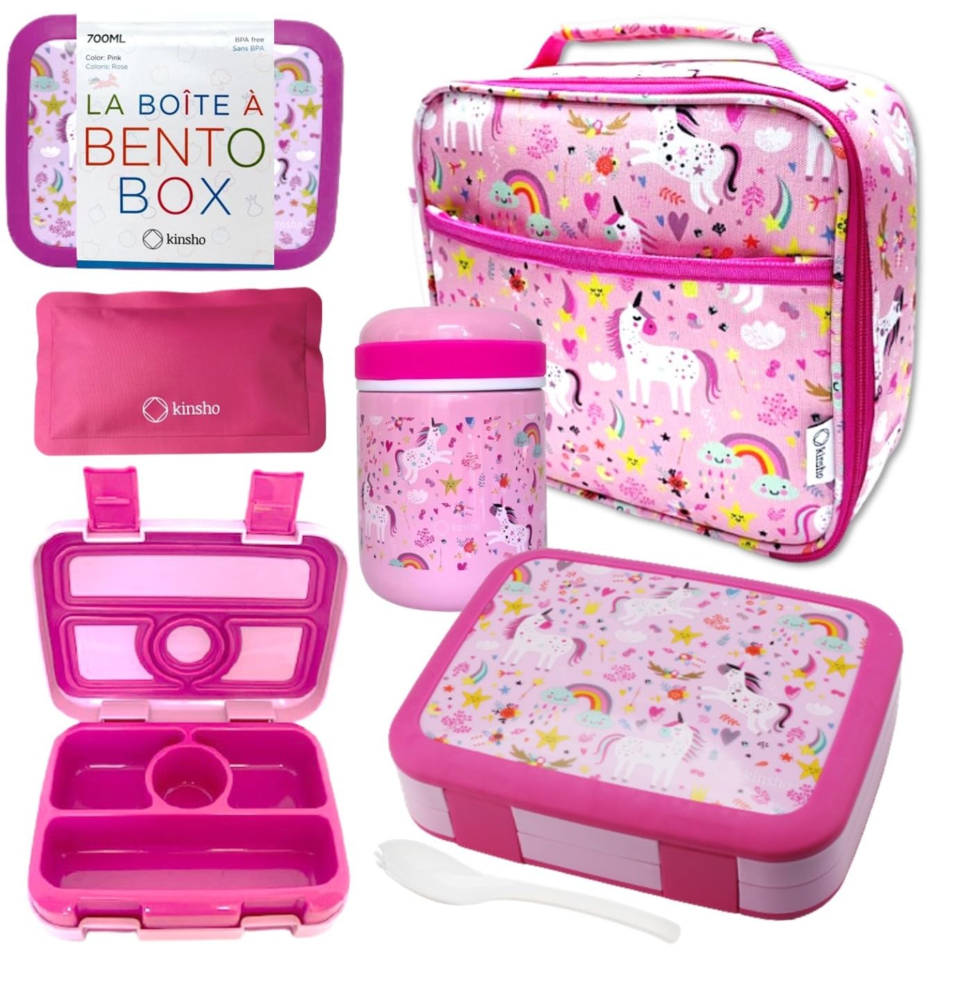 kinsho kids Bento Lunch Box Set with Thermo, Bag &amp; Ice Pack, Pink Unicorn