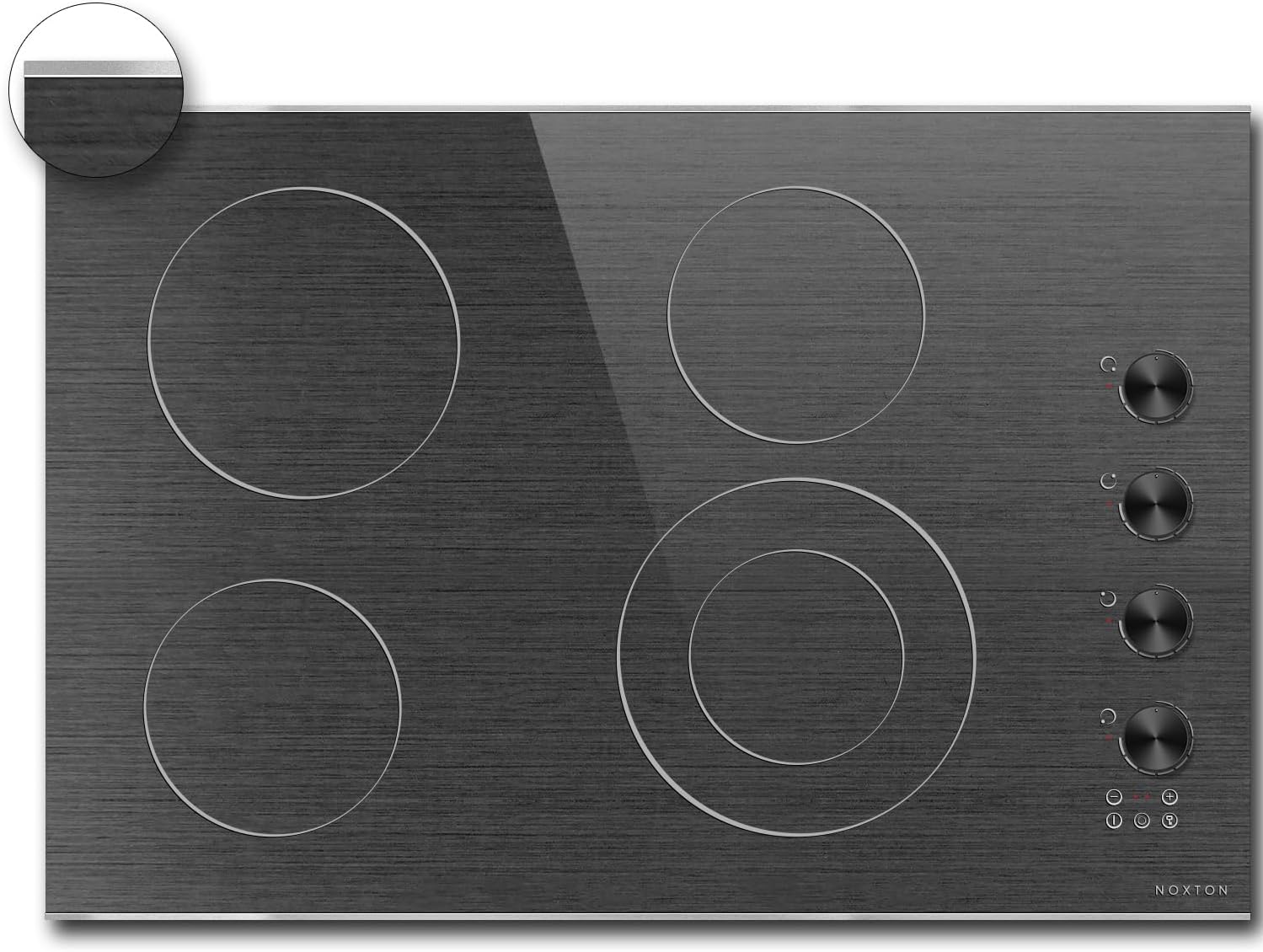 Noxton Electric Cooktop 30 Inch, Knob Control 4 Burners Electric Stove Top with Glass Protection Metal Frame, Expandable Burner, Safety Lock, Timer, 6700W 240V Hard Wired(wooden pattern)