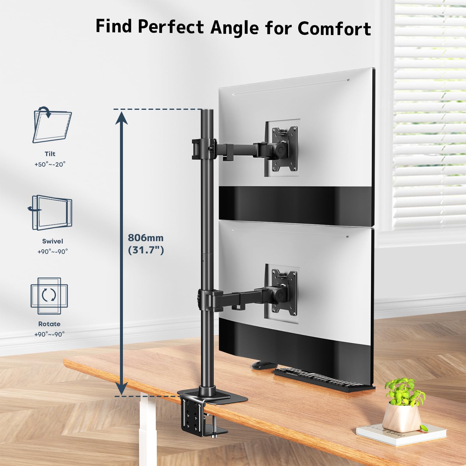 Supporto verticale doppio monitor per due schermi da 17-49", supporta fino a 20 kg, WORLDLIFT Stacked Dual Monitor Mount con asta lunga 31,7", VESA 75/100 mm