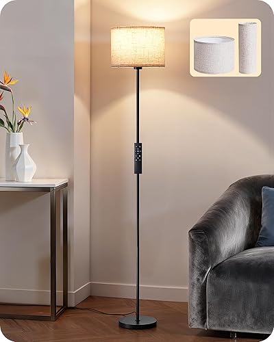 EDISHINE Dual Shades Floor Lamps for Living Room with Foot Switch, 63.7" Modern Standing Lamp with Remote Control, Stepless Dimmable Minimalist Lamps for Bedroom, Office, (9W Bulb Included), Black