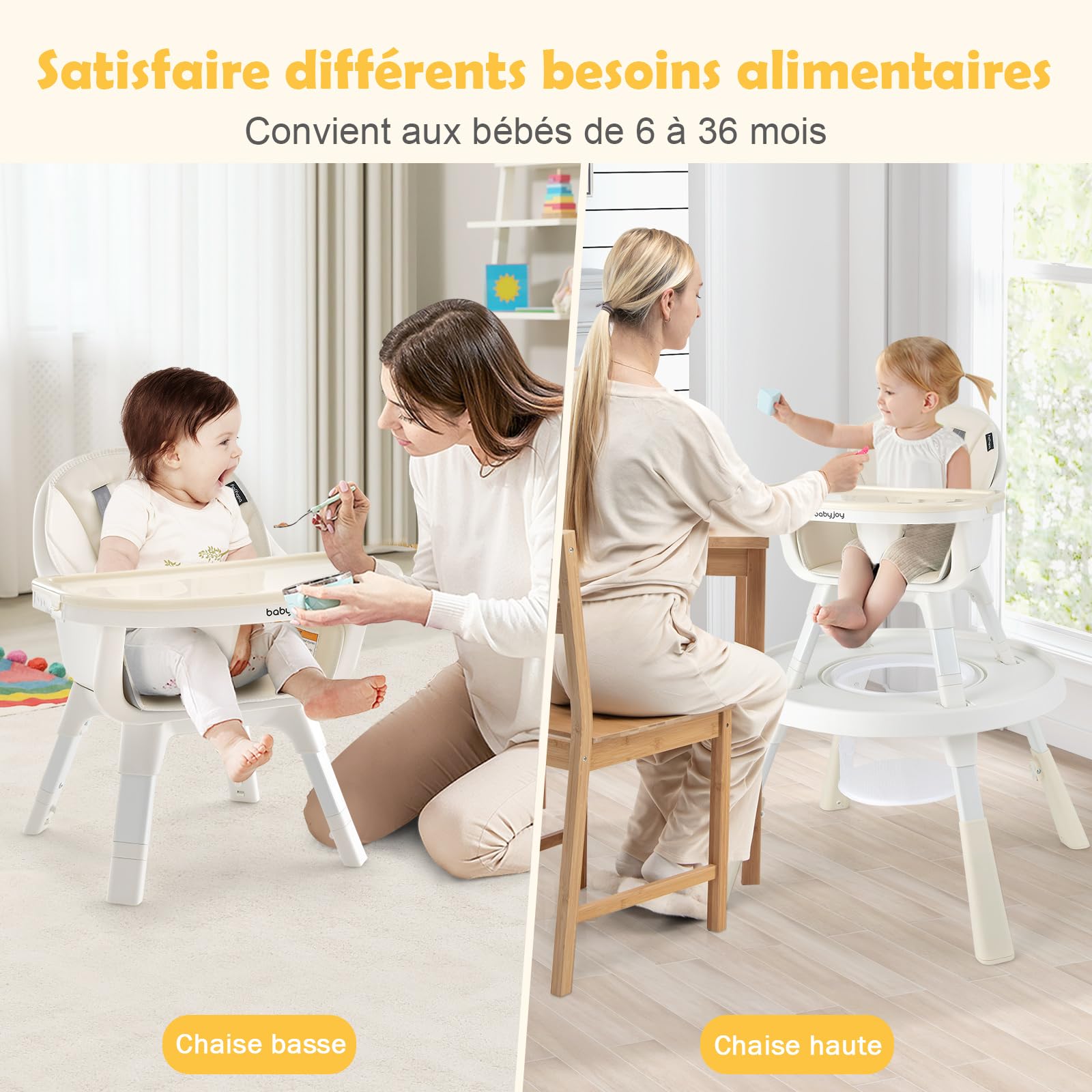 COSTWAY Chaise Haute Bébé Convertible 5-en-1, Chaise Haute Bébé Évolutive avec Plateau et Panier, Chaise Bébé pour Jeux, Hauteur Réglable à 3 Niveaux, de 4 Mois à 6 Ans, Charge : 18-35 KG (Beige)