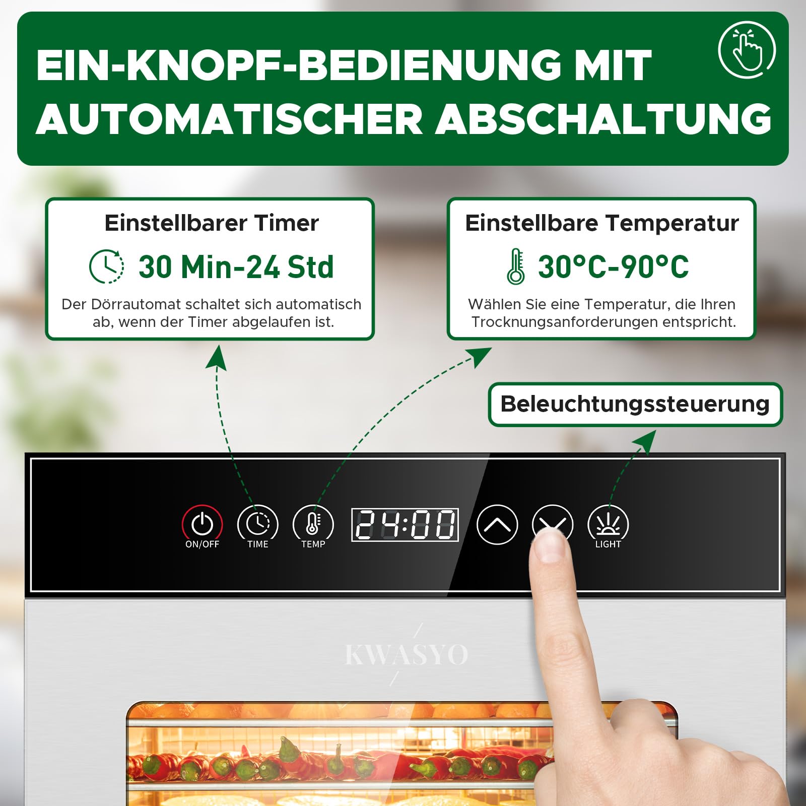Kwasyo Gewerblicher Dörrautomat 18 Etagen, 800W Edelstahl Lebensmittel Dehydrator mit 360° Luftzirkulation, Große Kapazität für Fleisch, Obst, Gemüse, Kräuter