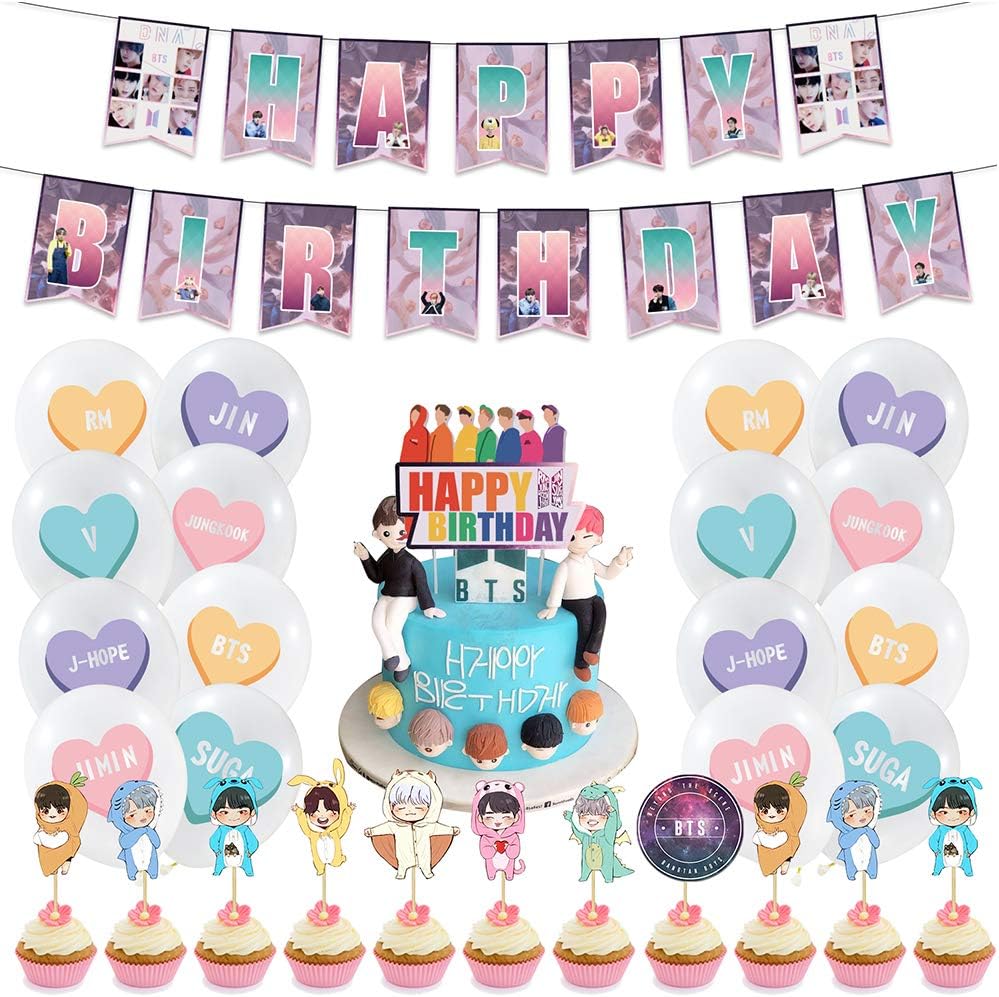 Bts Cake Topper Betoy 44pcs Bts Birthday Party Supplies Cupcake Toppers Happy Birthday Banner Bts Balloons Amazon Fr Cuisine Et Maison