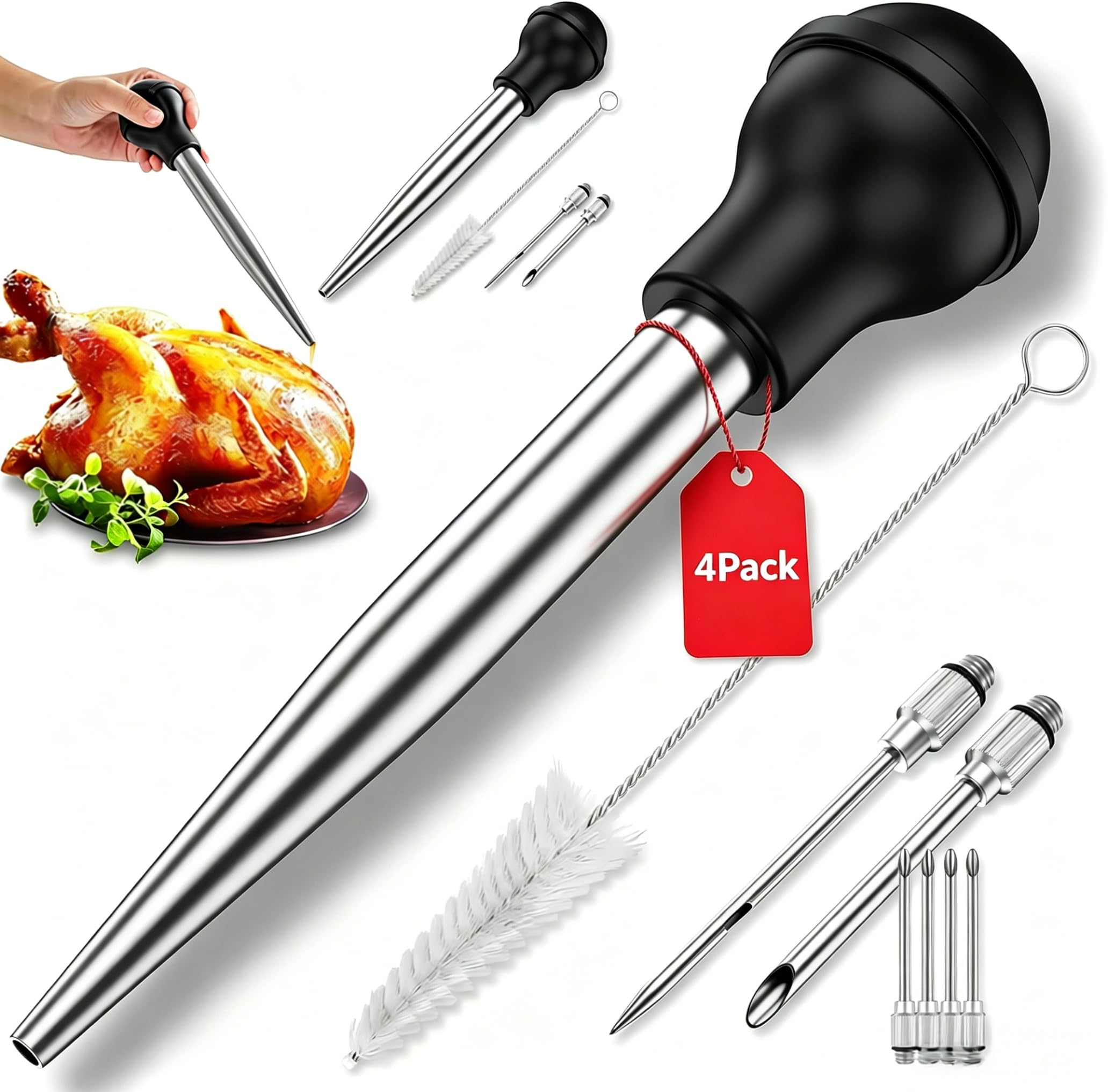 4pack Turkey Baster for Cooking, 16 Pieces Stainless Steel Meat Injector Syringe with 8 Needles &amp; 4 Brushes, Silicone Bulb Baster for BBQ Thanksgiving Kitchen Cooking