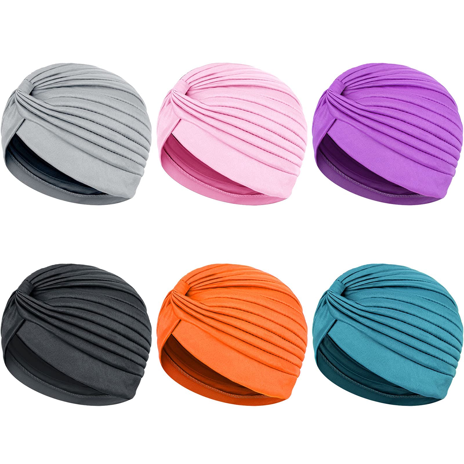 Turbans for Women Stretch Slouchy Head Beanie Cover Pre-Tied Knot Twisted Pleated Headwrap Nightcap, Assorted Colors