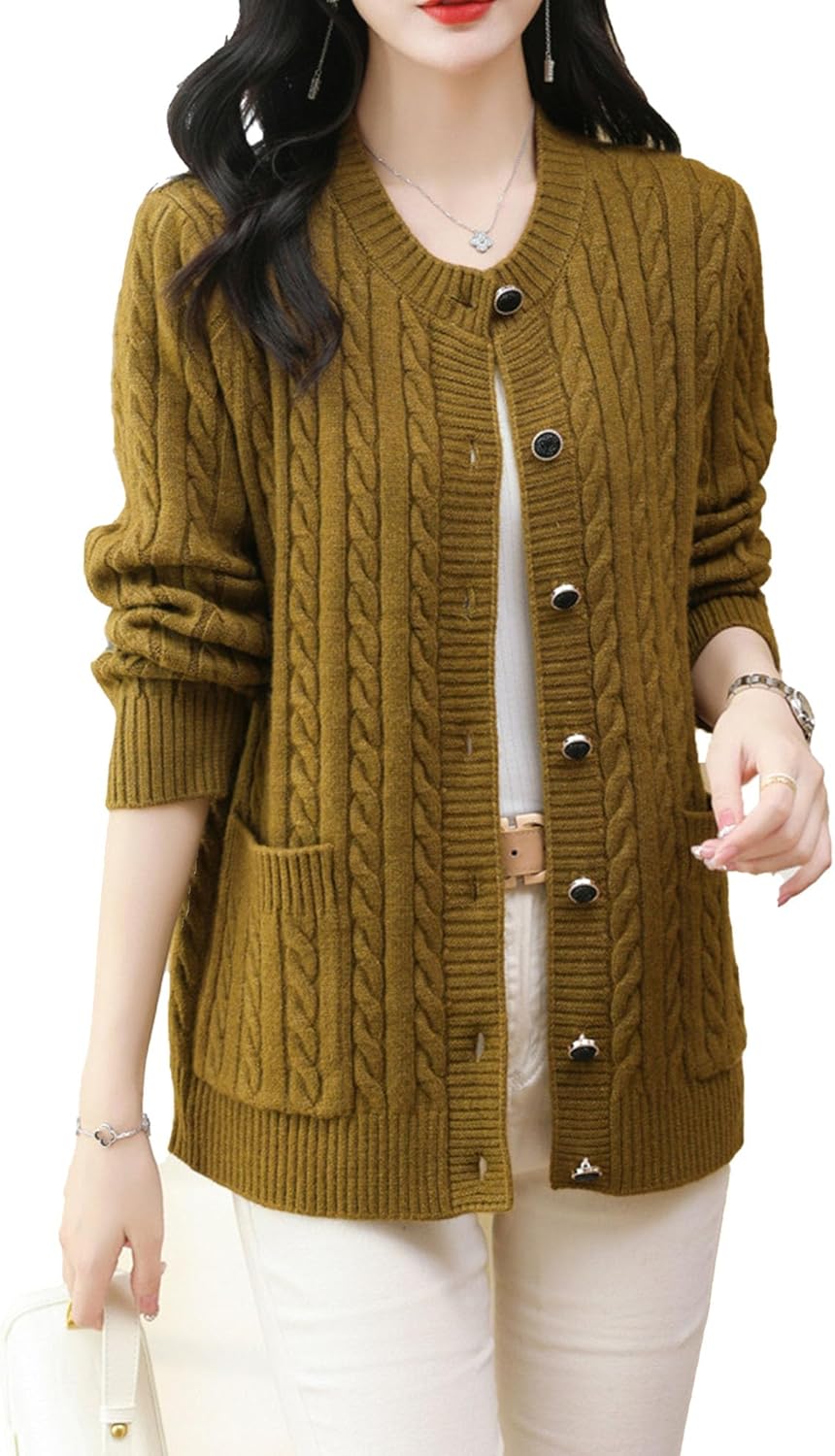 Women's Cable Knit Open Front Cardigan Sweaters Lightweight Sweaters Coats Winter Long Sleeve Button Down Outwear
