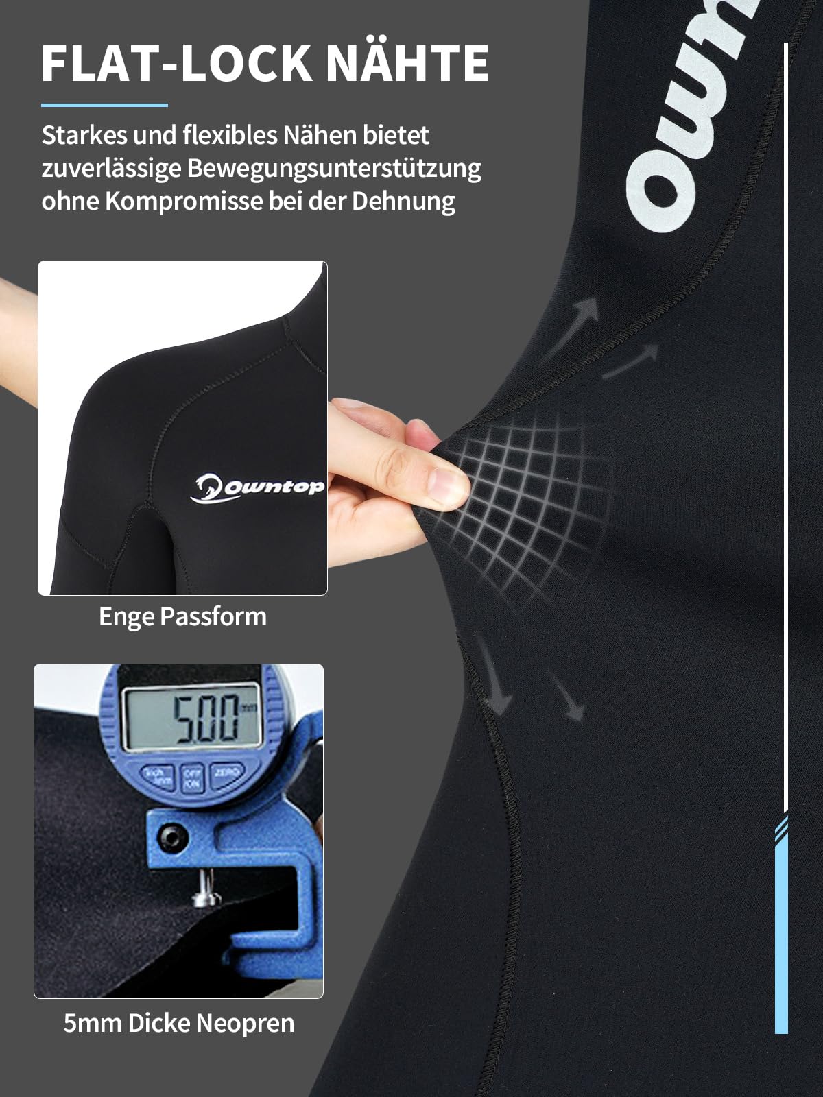 Owntop 5mm Neoprenanzug für Herren Damen– Neopren Tauchanzüge Stretch Langarm Einteilig Frontreißverschluss UPF50+ Thermisch Verdickende für Tauchen Surfen Schwimmen