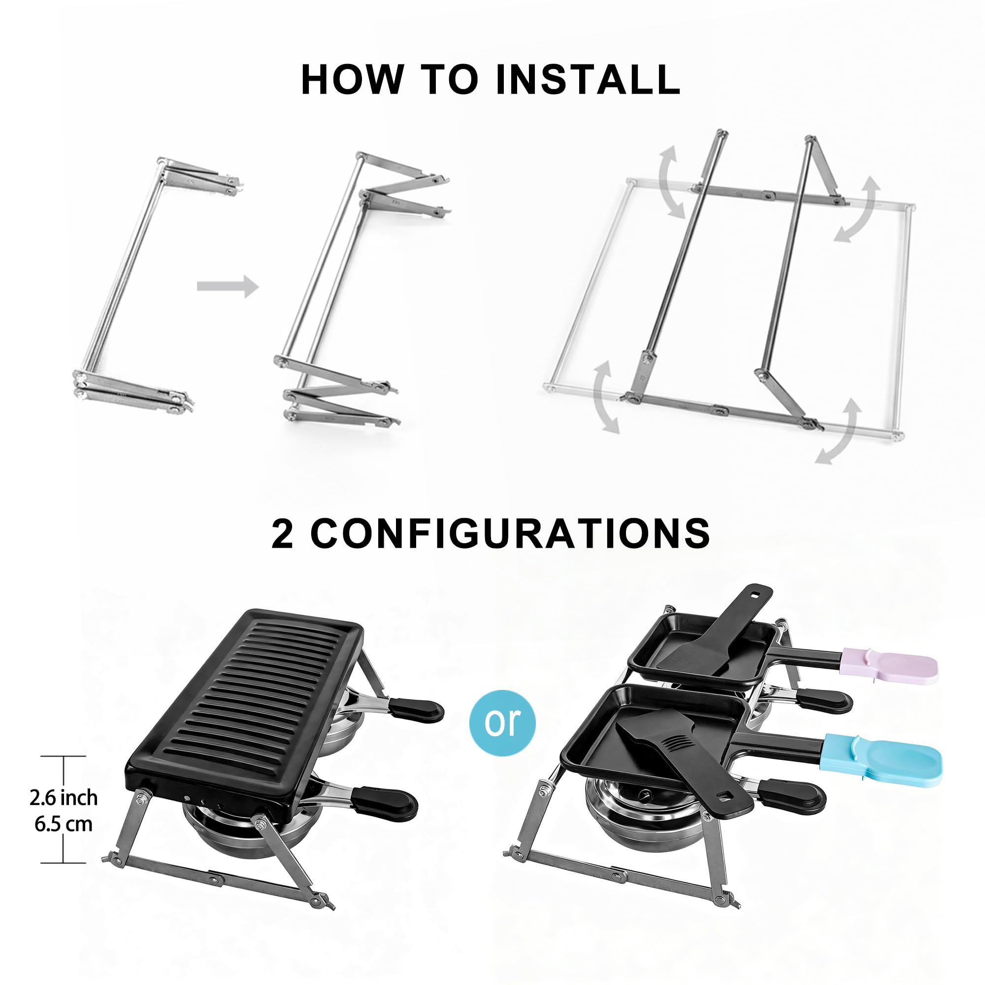 Mini Grill Raclette dla 2 Osób, Nieprzywierający Topielnik Sera z Płytą Grillową, 2 Palniki na Paliwo, 2 Szpatułki, Składany Metalowy Stojak na Camping