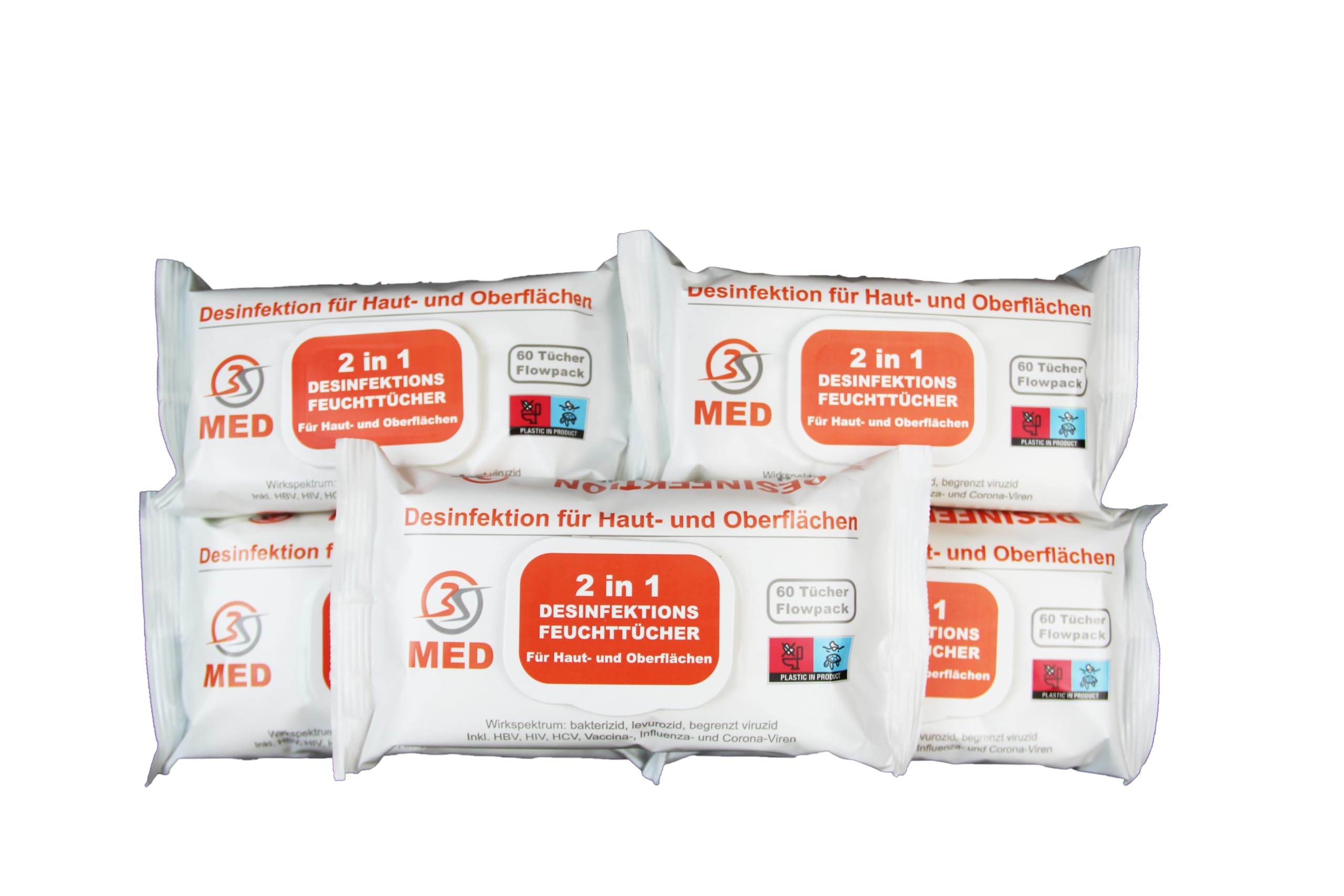 3S MED 2in1 Desinfektions-Feuchttücher für Haut & Oberflächen – 5er Pack (5×60 = 300 Tücher) – alkoholfrei & chlorfrei – 18×20 cm – Einwirkzeit 1 Min.