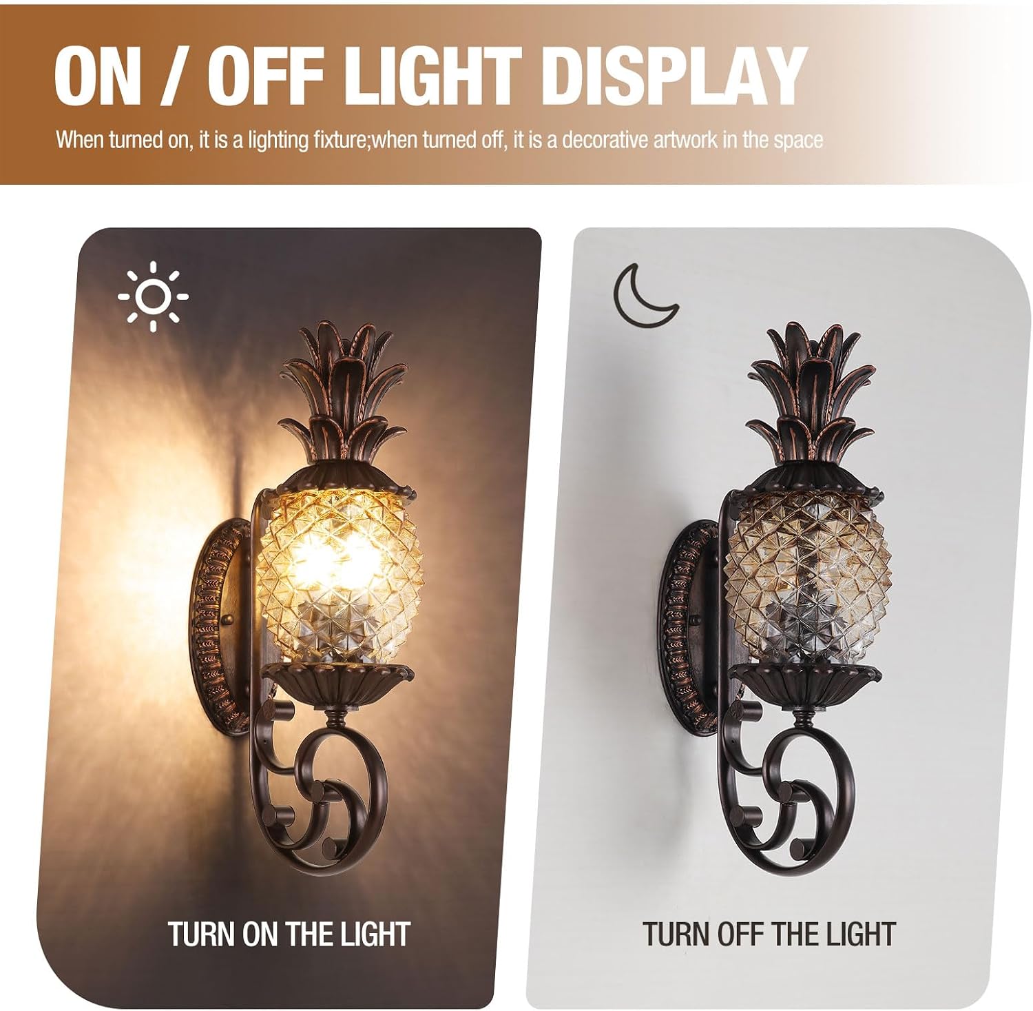 Pineapple Outdoor Wall Sconce, 3-Light E12 Candelabra Base, Waterproof Aluminum Porch Light with Clear Diamond Glass, Tropical Coastal Wall Lamp for Entryway, Patio, Front Door
