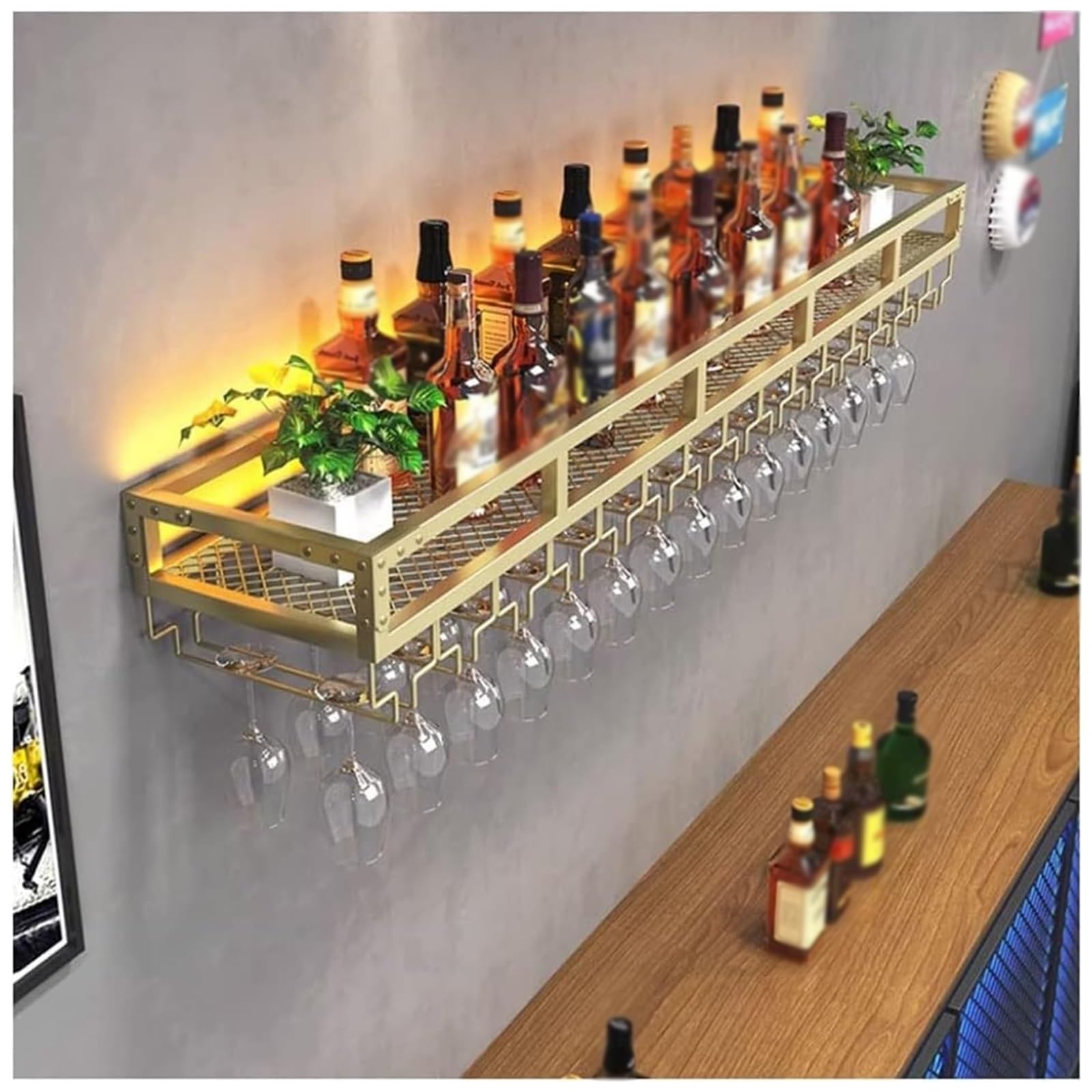 Meuble bar mural avec étagères flottantes porte-verres et élégant casier à vin en fer de 80 cm