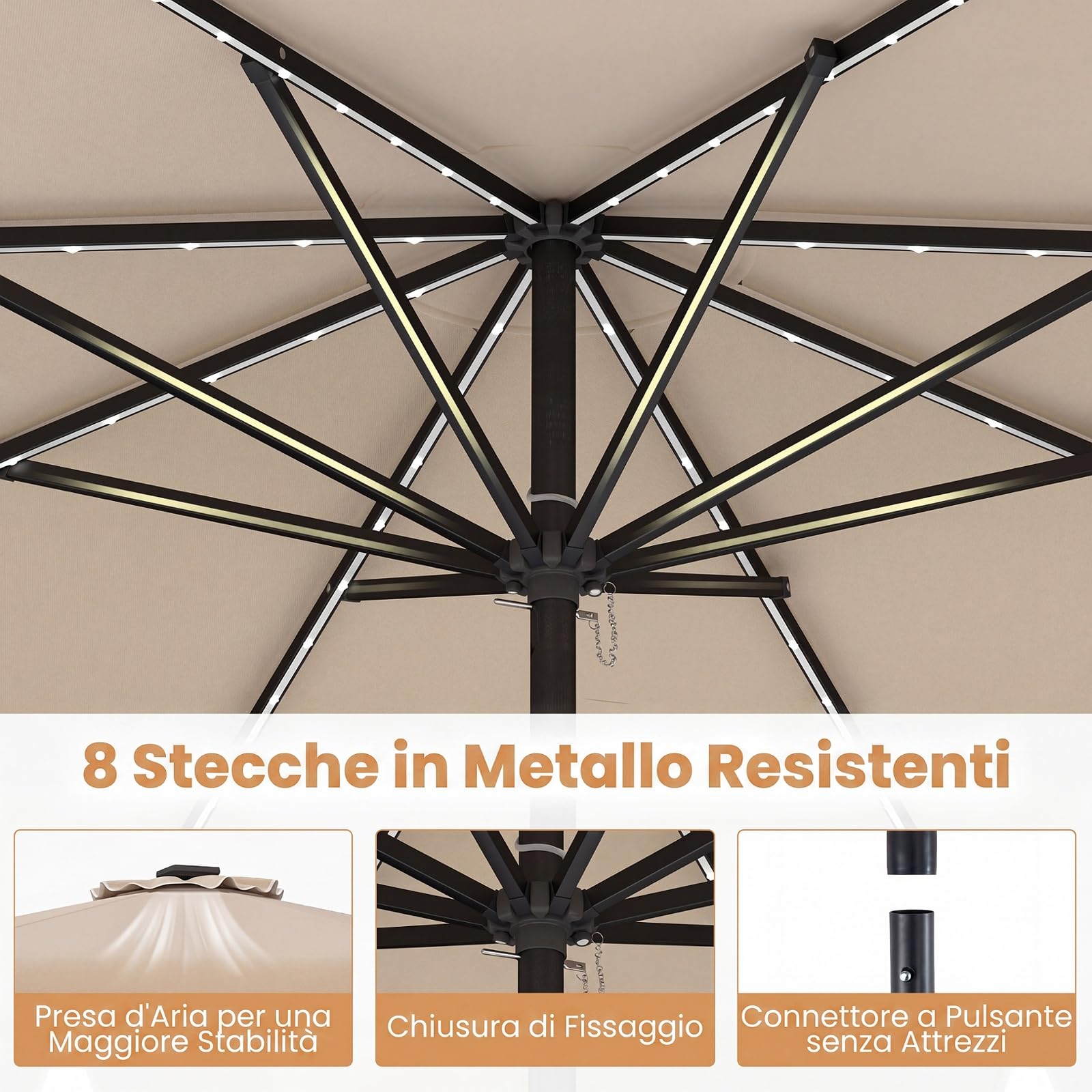 COSTWAY Ombrellone Giardino 280 cm, 104 Luci, Inclinabile 30° | 8 Stecche in Metallo, Anti- UV, Parte Superiore Ventilata e Manovella, per Balcone Terrazzo Piscina