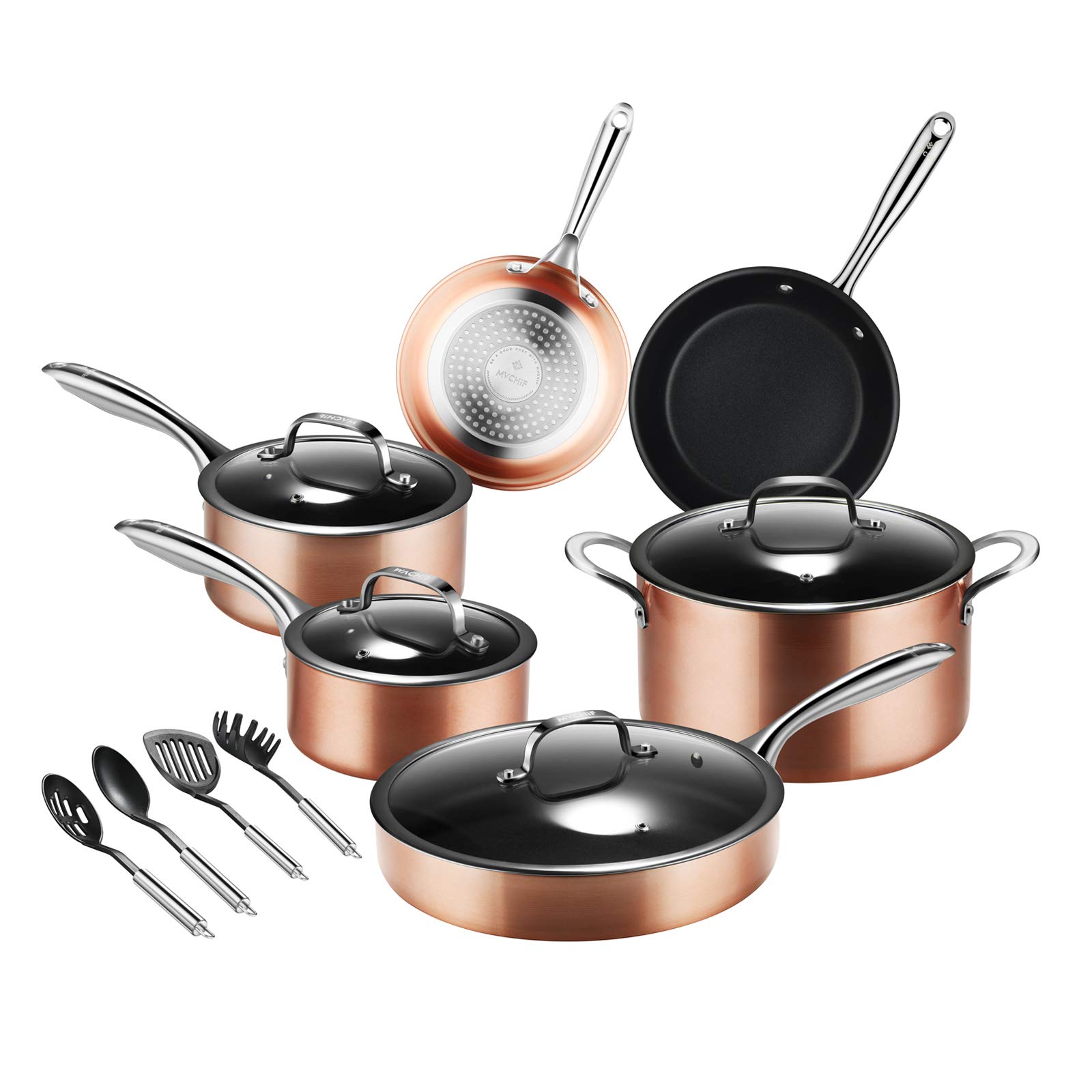 Kitchen Cookware Sets-MVCHIF Nonstick Cookware Sets Pots and Pans Dishwasher Safe, 14 Pieces, RoseGold