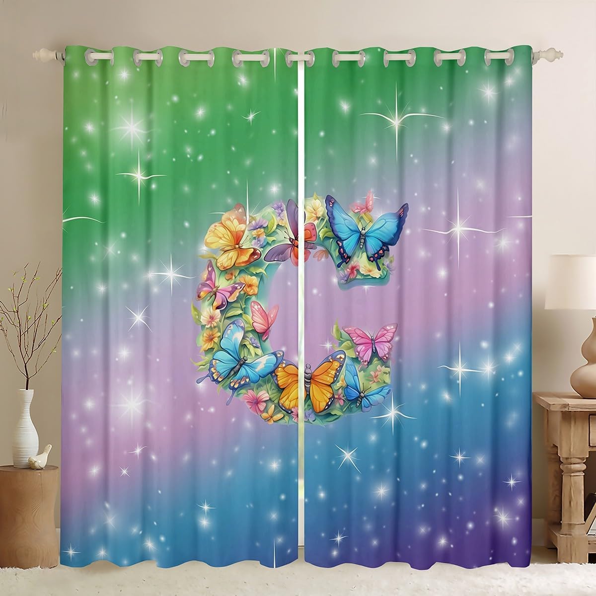 Initial Letter S Curtains,Kids Adults Teens Room Decor Watercolor Butterfly Kids Teens Boys Girls Window Treatment Curtain,Rainbow Gradient Themed Window Drapes,Top 2 Panel,38Wx45L