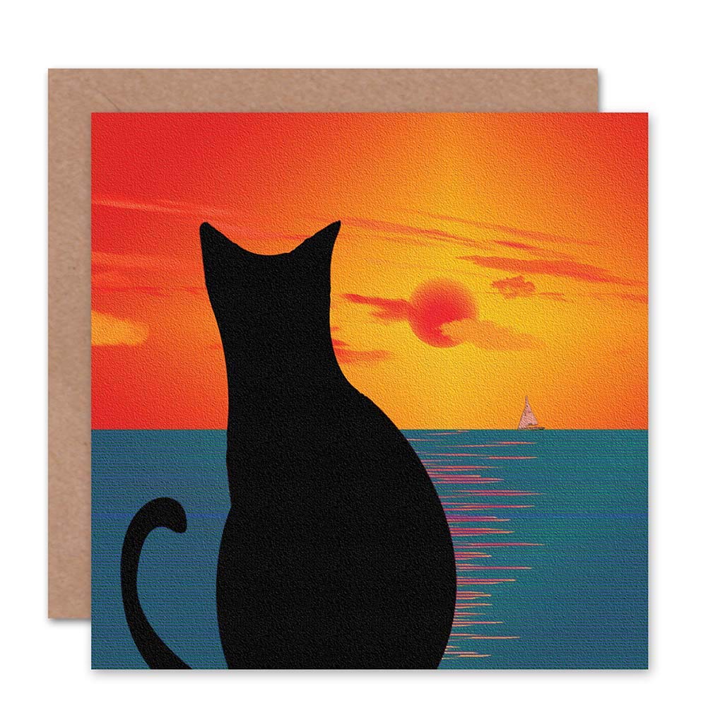 Wee Blue Coo Black Cat Lover Sunset At Sea Greeting Card