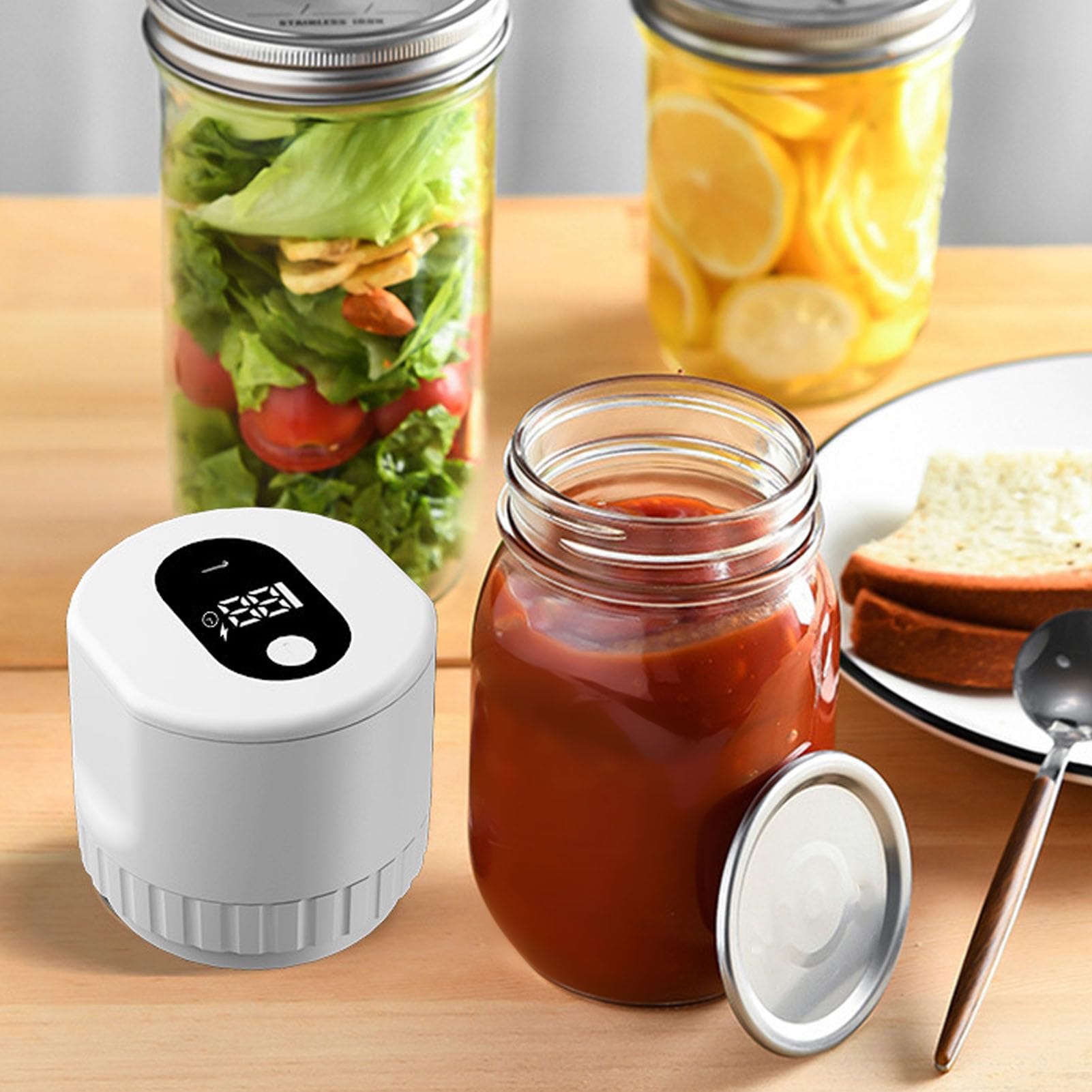 Fockety Kit de Scellage Sous Vide électrique pour Bocaux Mason, 5 Couvercles de Bocaux à Large Bouche, 5 Couvercles de à Bouche Régulière, Portable sans Fil, 1200 MAh, Chargeur (WHITE)