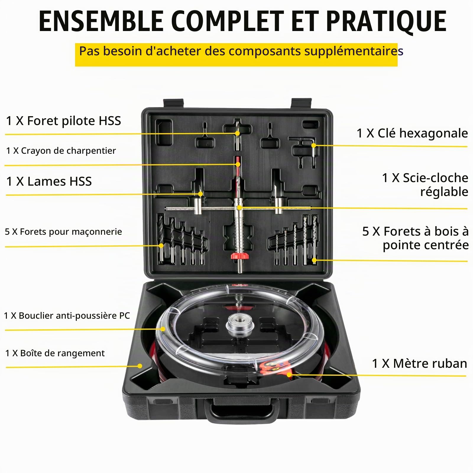 VEVOR Scie Cloche Réglable 40-200 mm Kit Scie Cloche avec Cache Poussière, Coupe-Cercle Scie à Trou Réglable avec Capot Anti-poussière Sécurisé Propre pour Couper Plaques de Plâtre Placages Panneaux