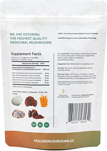 Miniatura 2 de 5 hongos Power Bland, extracto orgánico en polvo, con melena de león, reishi, cordyceps, cola de pavo y chaga - 3.53 oz
